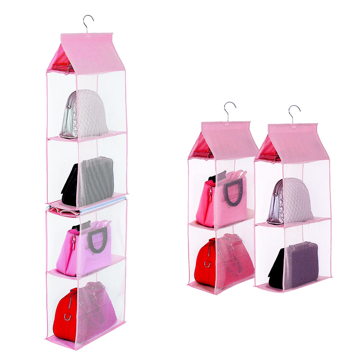 Keepjoy Hanging Handbag Organizer - 4-Tier Heavy Duty Mesh Purse Storage for Closet, Pink | Space-Saving Bag Holder for Women's Accessories, Perfect for Bedroom, Walk-In Closet & Dorm Organization