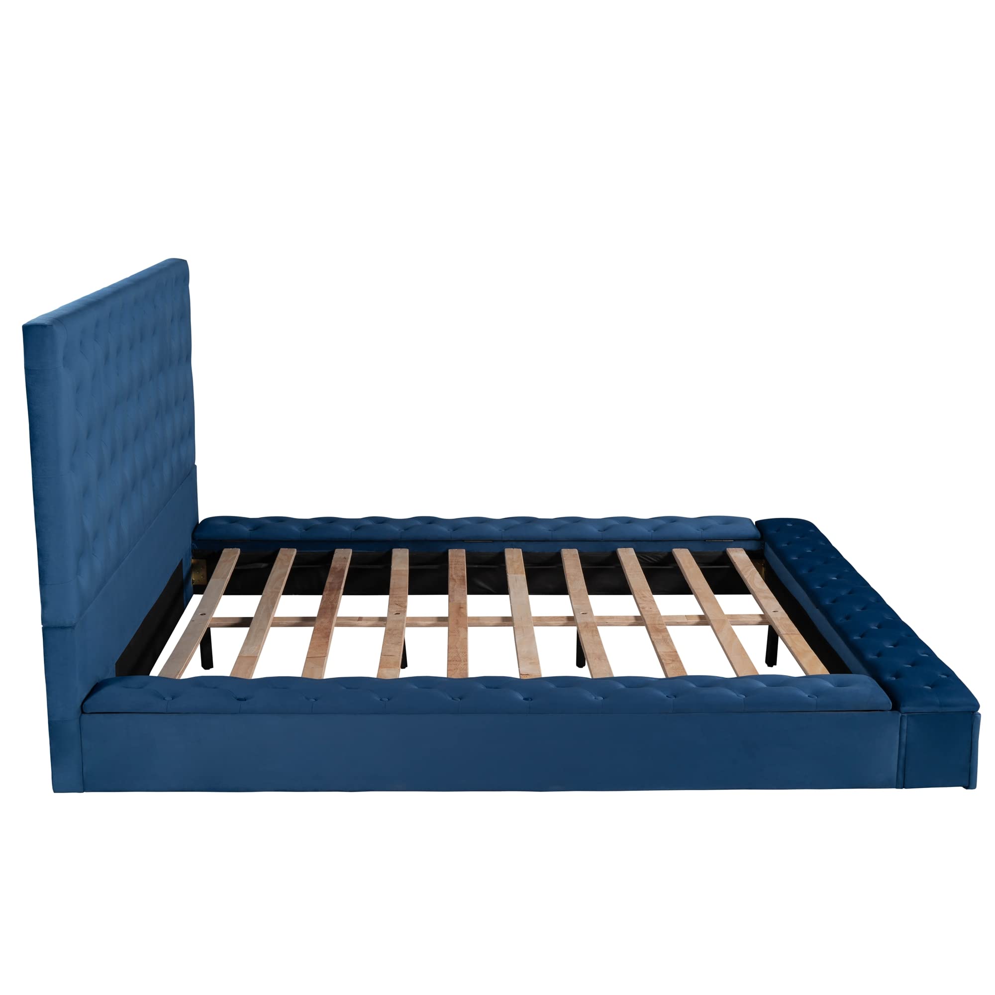 Luxury Velvet Upholstered Full Size Platform Bed with Deep Button Tufting & Side Storage - 80