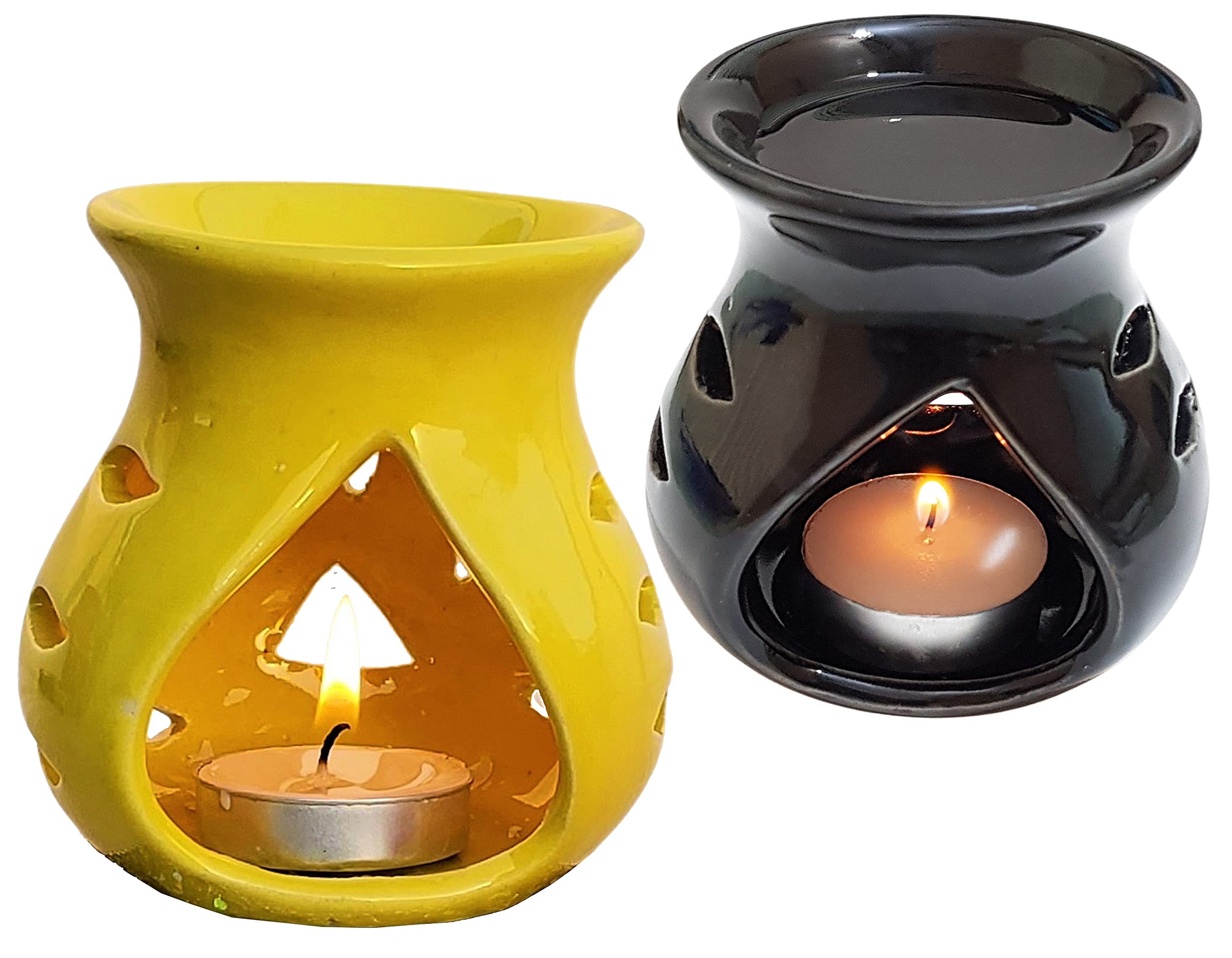 Pure Source India Ceramic Oil Burner Aroma Diffuser Set of 2 (Black & Yellow) | Essential Oil Diffuser for Yoga, Meditation & Home Relaxation