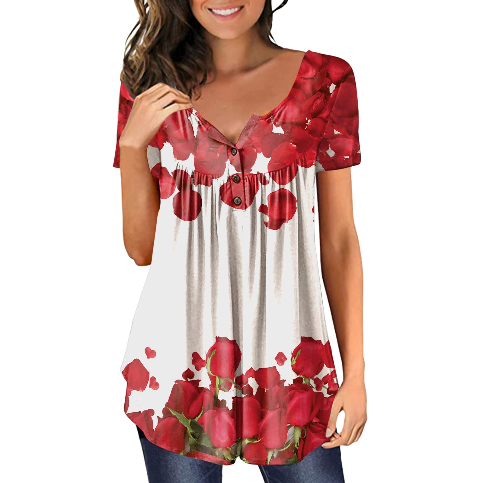 Summer Women's Casual Solid Color Button Pleated Plus Size Tops - Gradient V-Neck Short Sleeve Loose T-Shirt Pullover for Work, Travel & Daily Wear