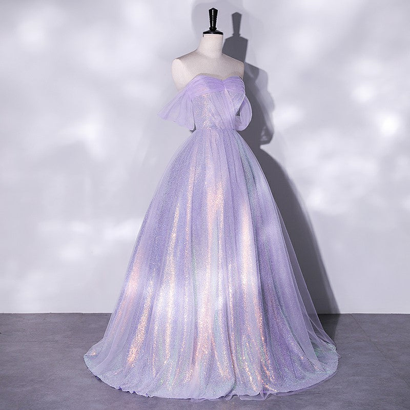 Lilac Off Shoulder A-Line Shiny Prom Dress for Women - Elegant Formal Party Gown with Sparkle Details | Perfect for Homecoming, Evening Galas & Special Occasions