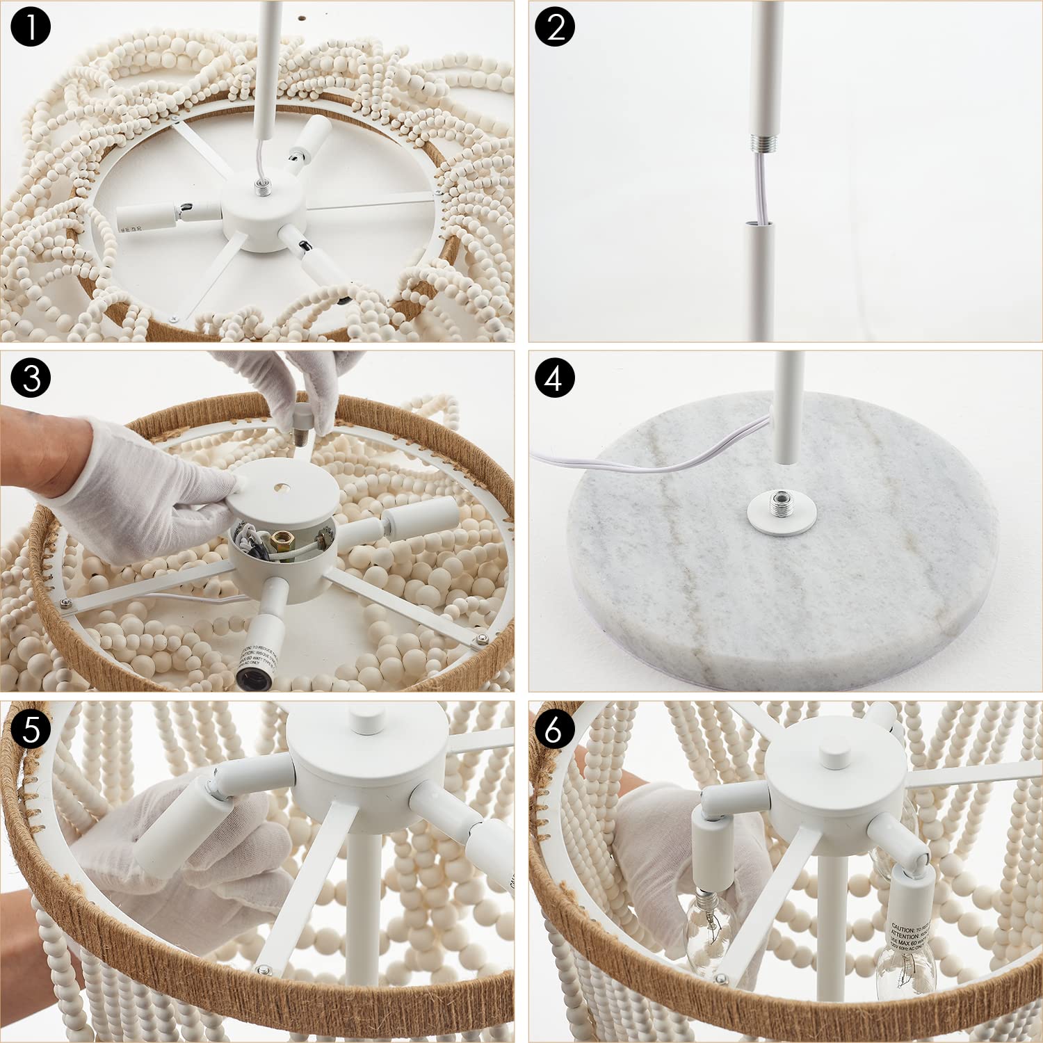 VILUXY Bohemian Wood Beaded Floor Lamp - Antique Rustic White Finish 3-Light Chandelier for Bedroom, Nursery, Dining Room & Girls Room | Perfect for Boho Home Decor, Farmhouse Living Room & Cozy Reading Nook