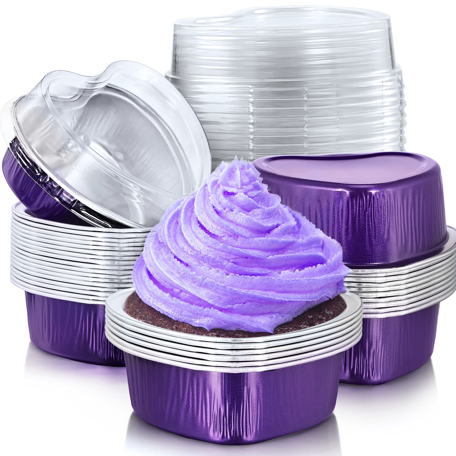 Mini Heart-Shaped Aluminum Foil Baking Cups (1.86oz/55ml) with Clear Lids - Disposable Dessert Pans for Cupcakes, Cakes - Perfect for Valentine's Day, Weddings, Mother's Day Parties (Purple, 40 Sets) - Ideal for Home Baking, Birthday Celebrations & Holiday Events
