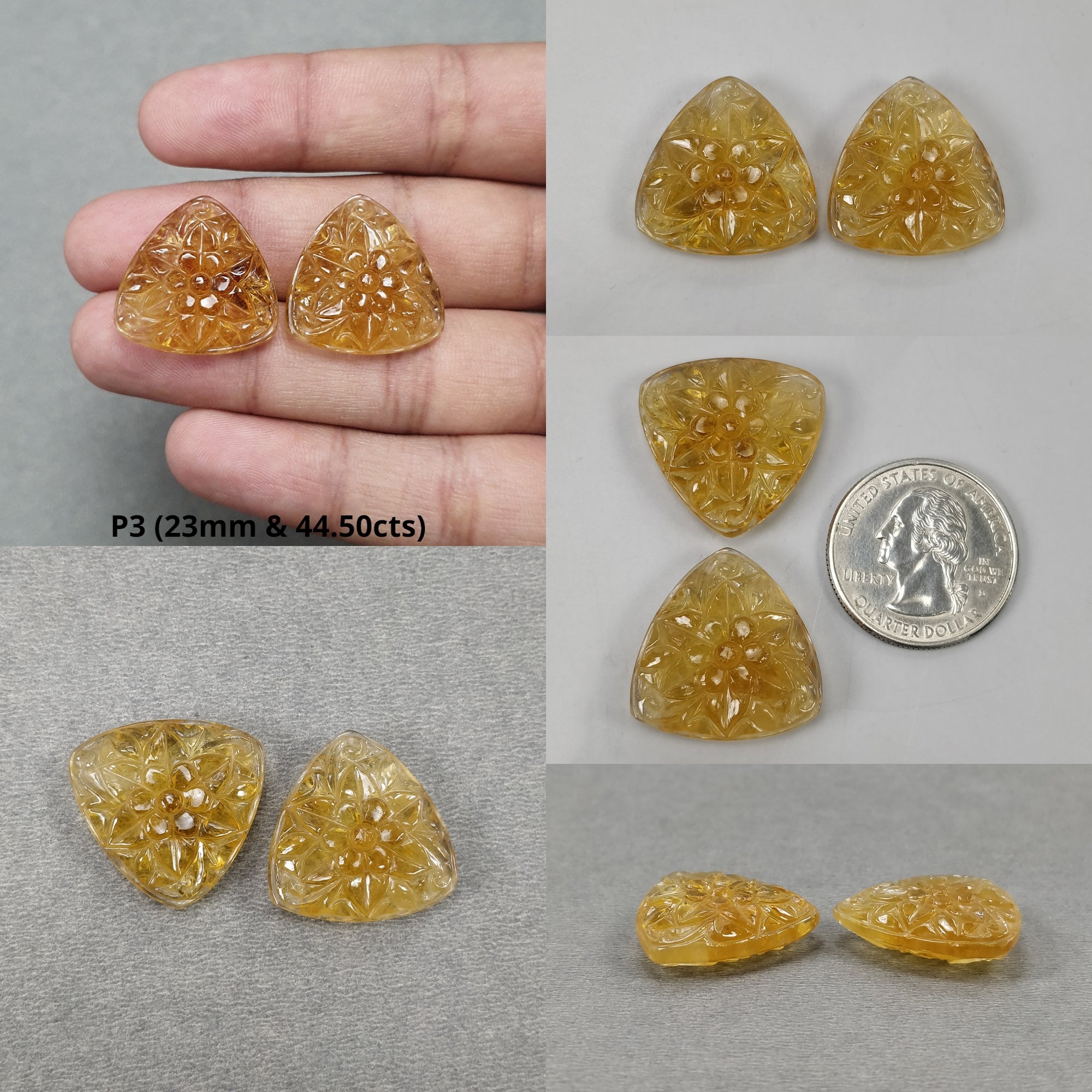 Natural Untreated Yellow Citrine Gemstone Carving - Hand Carved Pear & Triangle Shape Pairs for Earrings | Jewelry Making, DIY Crafts, Gift for Her