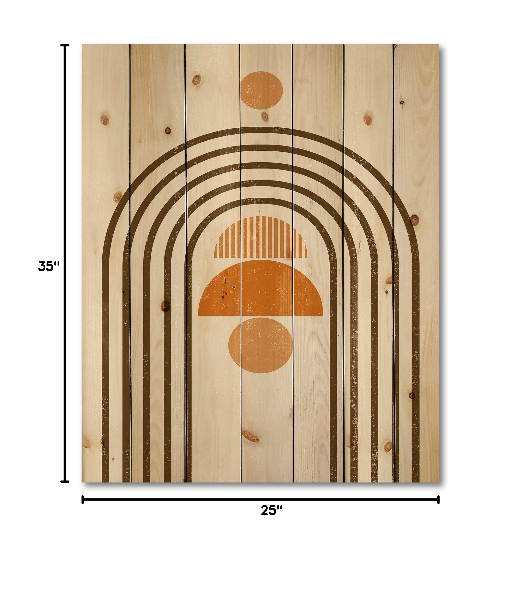 Abstract Rainbow Sun and Moon Wood Wall Art - Earth Tone Modern Geometric Wall Decor, Large Orange Pine Wood Panel for Living Room & Bedroom