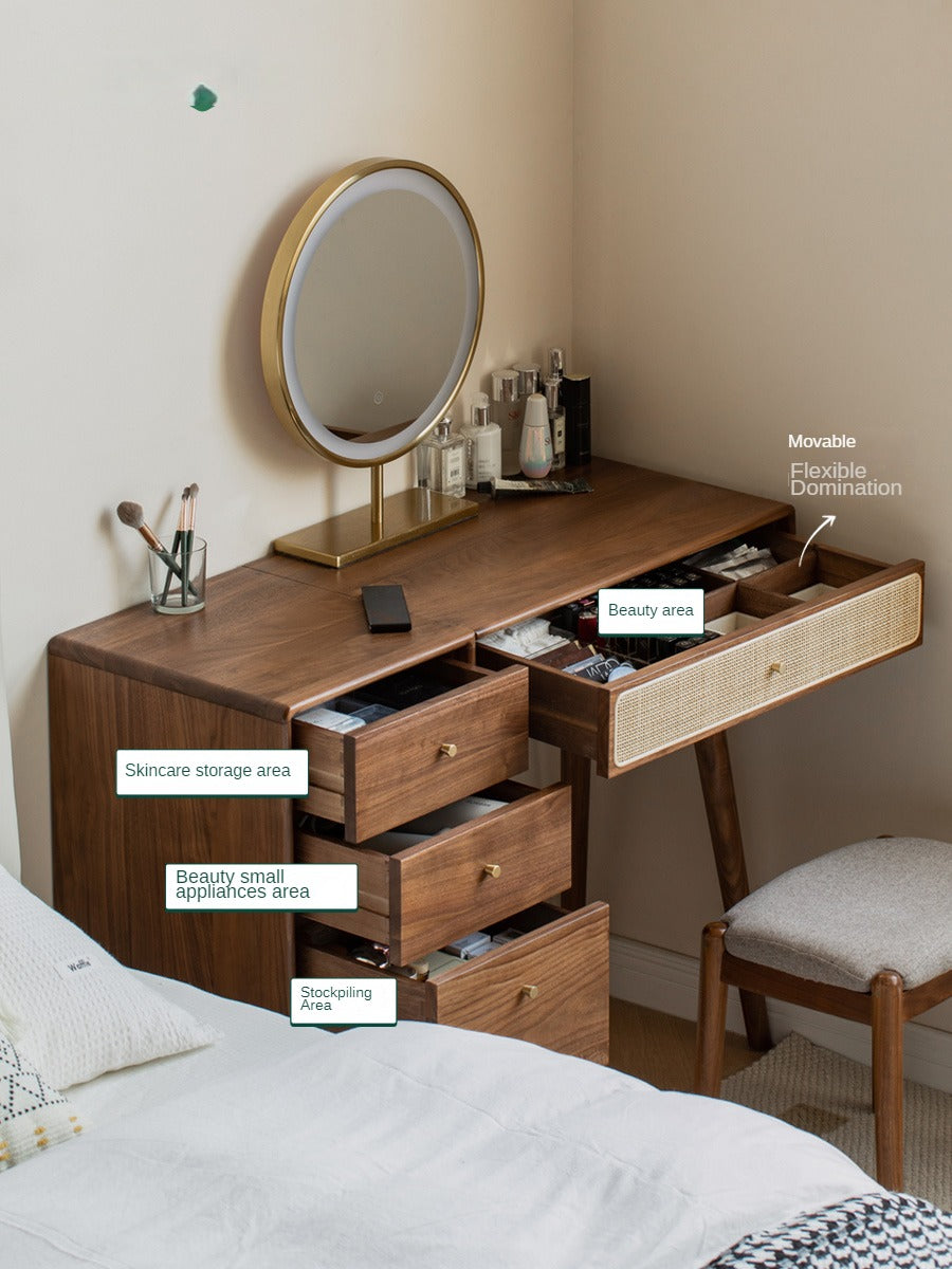 Premium Black Walnut Solid Wood Rattan Vanity Dressing Table - Elegant Makeup Desk with Mirror for Bedroom, Bathroom & Boudoir Organization