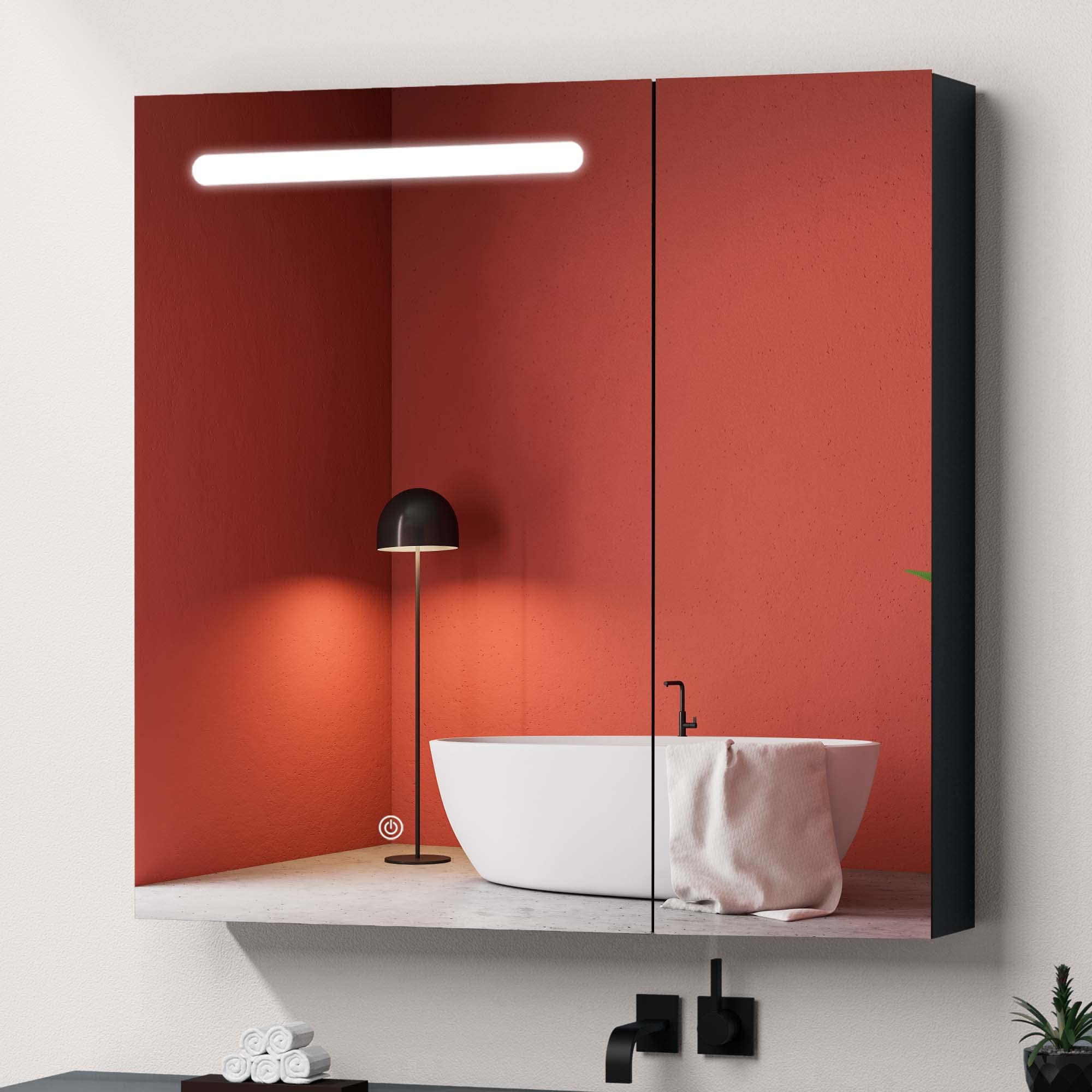 GETPRO 30x30 Inch LED Bathroom Medicine Cabinet with Mirror - Surface Mount, Double Door, Dimmer & 3X Magnifying Mirror - Perfect for Modern Bathrooms, Vanities, and Small Spaces