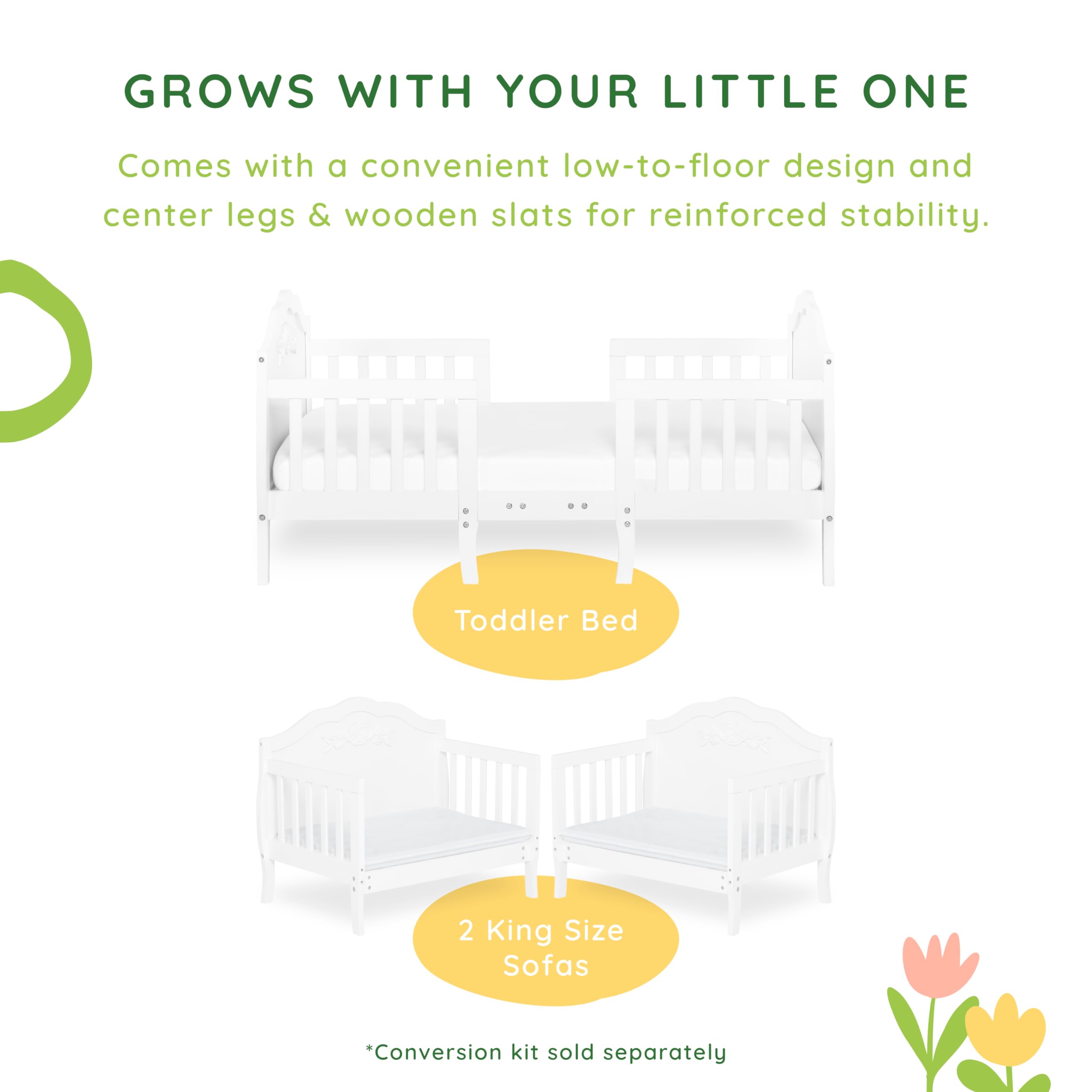 White Rose 3-in-1 Convertible Toddler Bed - Greenguard Gold & JPMA Certified with Safety Rails | Sustainable New Zealand Pinewood | Perfect for Nursery, Daycare & Small Kids' Rooms