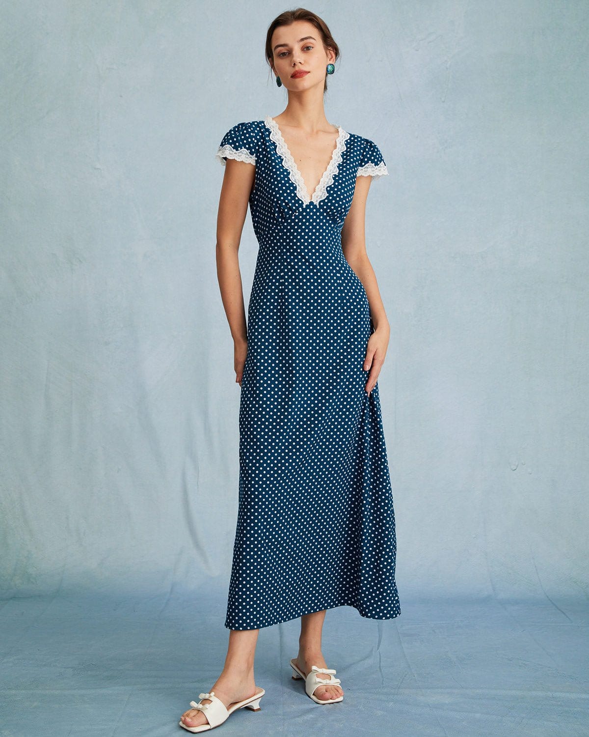 Navy Blue V-Neck Polka Dot Lace Ruched Maxi Dress for Women - Elegant Long Formal Dress for Wedding, Party & Special Occasions