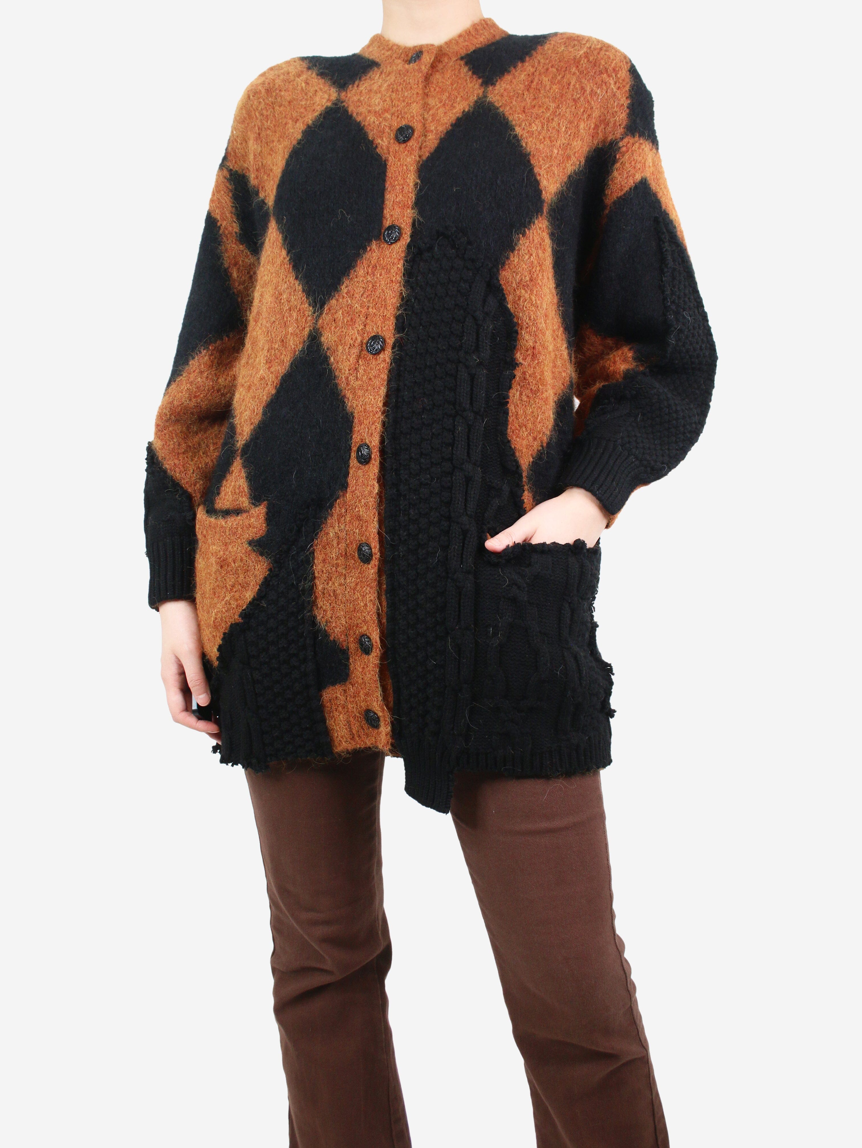 Brown Patchwork Diamond Print Cardigan Women's Size S - Cozy Fall Layering Piece for Casual Outfits & Coffee Dates