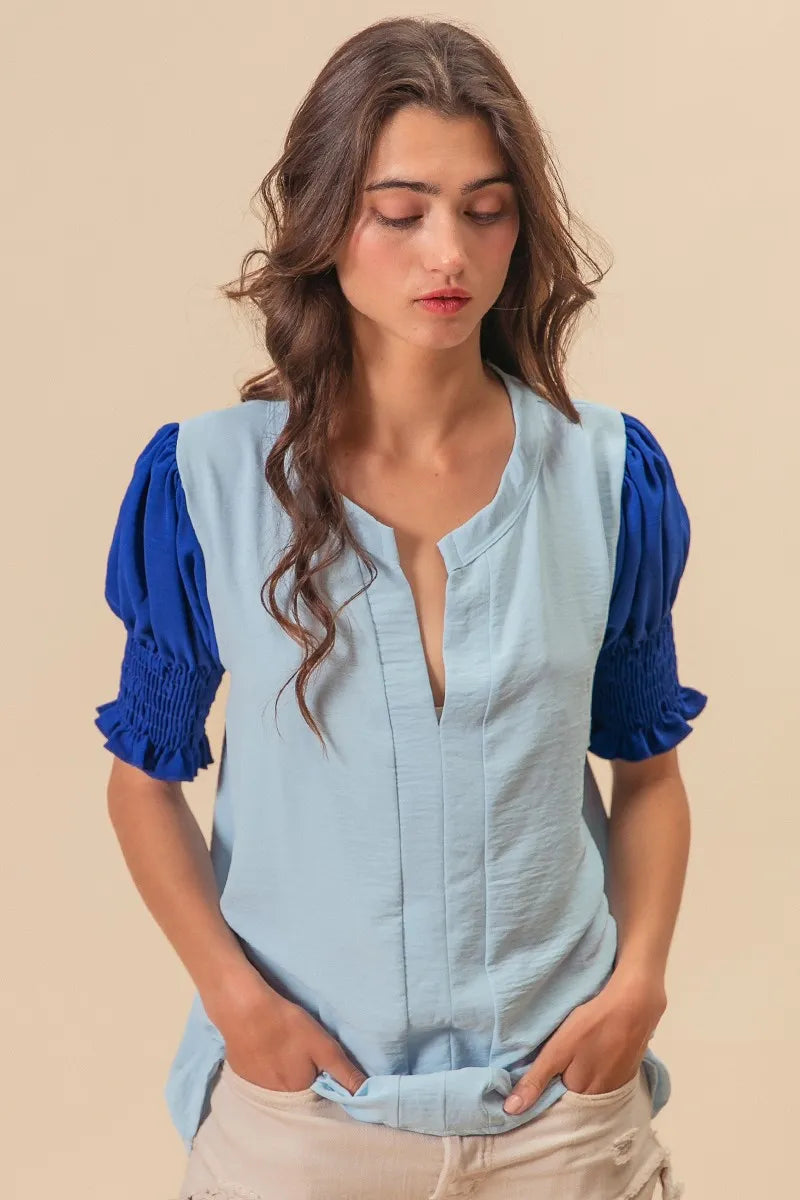 BiBi Air Flow Color Block Puff Sleeves V Neck Top - Breathable Summer Blouse for Women, Fashionable Casual Wear for Outings & Dates