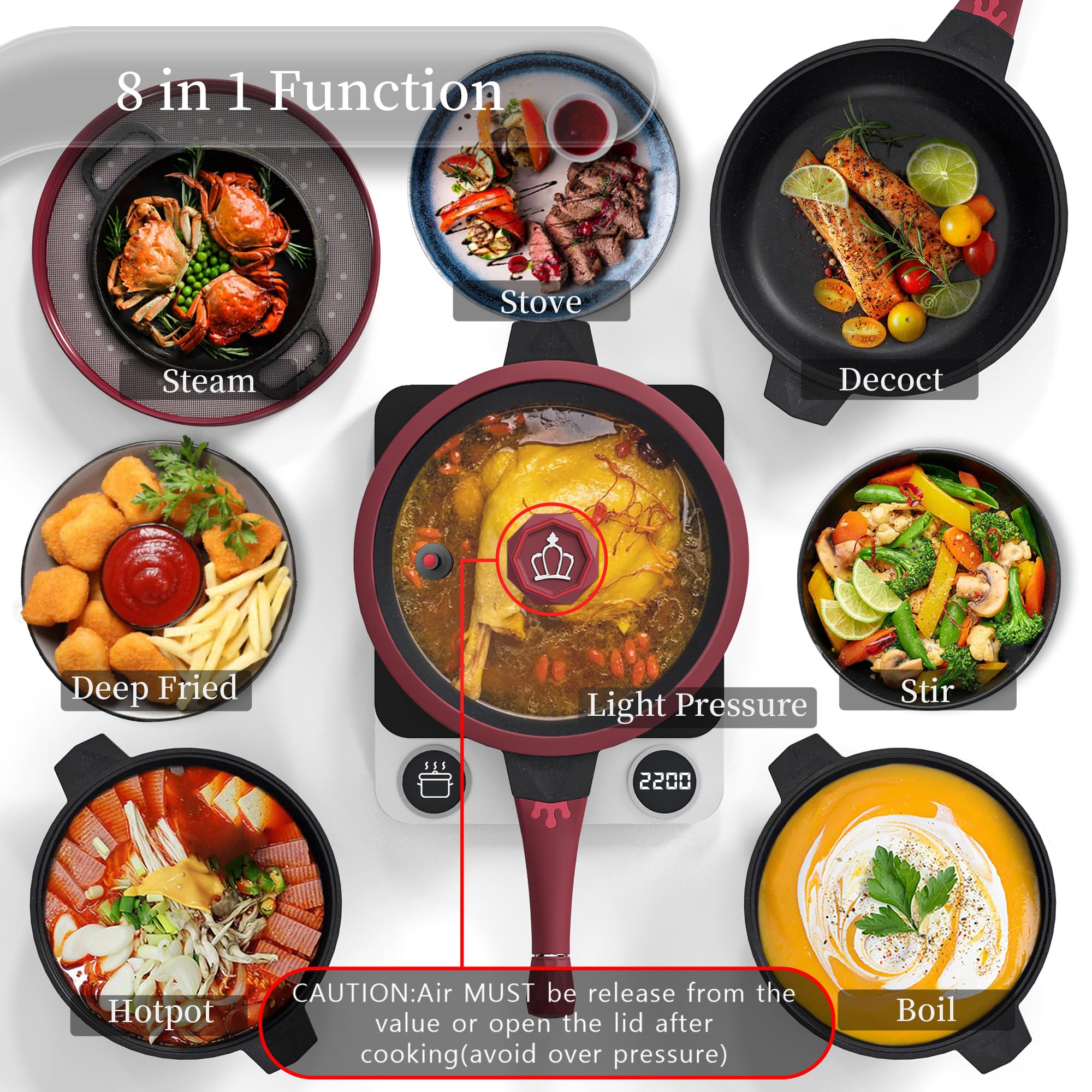 TIBORANG 8-in-1 Nonstick Deep Fry Pan with Glass Lid - 11 Inch 5 Quart Multi-Purpose Cookware with Heat Indicator, Stay-Cool Handle & Steamer Rack - PFOA-Free, Dishwasher & Oven Safe - Works with All Stovetops (Ruby Red) - Perfect for Frying, Steaming, Sautéing & Baking
