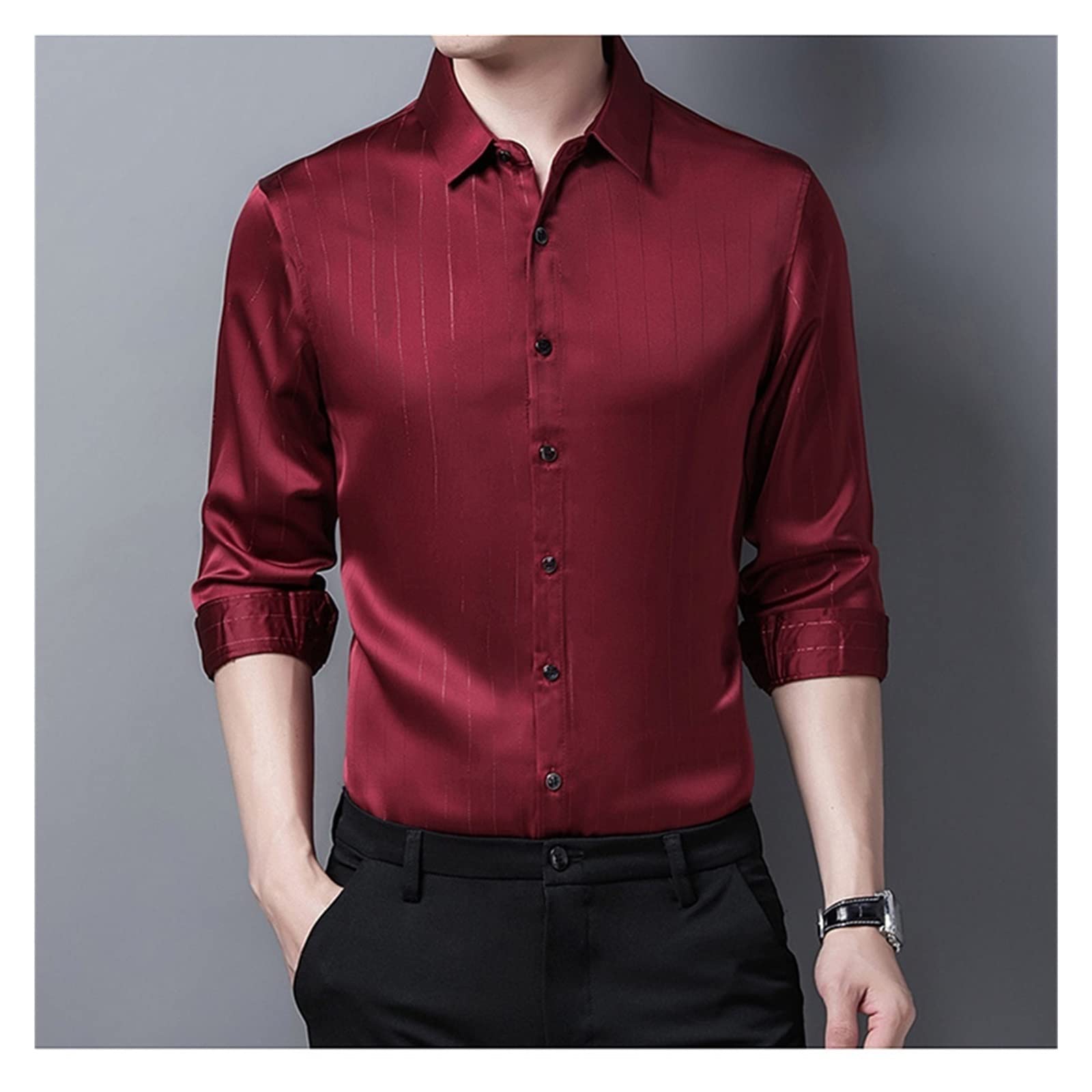 MMLLZEL Men's Silk Shirts - Burgundy Striped Elegant Business Casual Dress Shirts for Office & Formal Occasions (Red, Size M) | Perfect for Work, Weddings & Professional Events