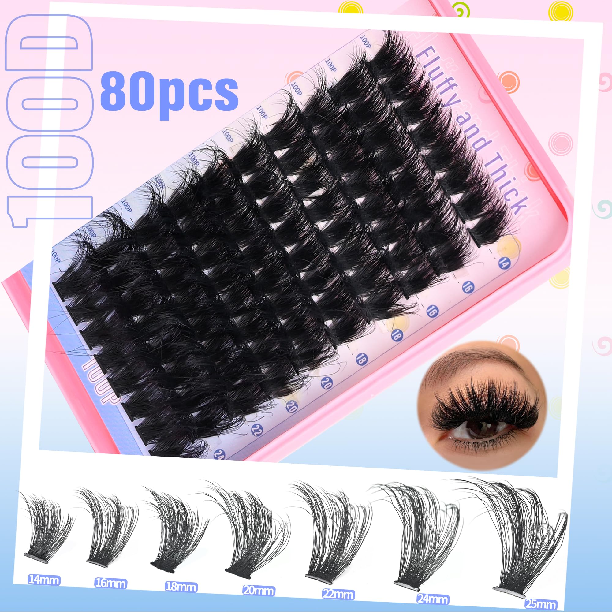Fluffy Individual Lash Clusters - 280pcs DIY Eyelash Extensions (60P+80P+100P) in Matte Black, D Curl 14-25mm for Natural Volume - Perfect for Home Use, Parties & Special Occasions