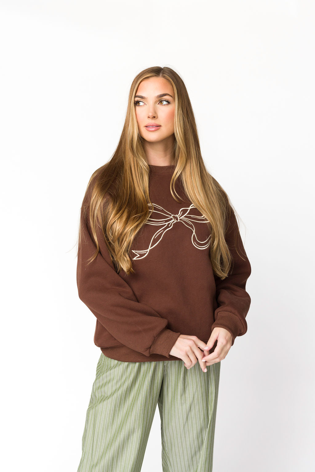 Claire Embroidered Bow Sweatshirt for Women - Chocolate Brown Pullover with Floral Embroidery | Cozy Casual Wear for Fall & Winter | Perfect for Coffee Dates, Shopping & Weekend Outings