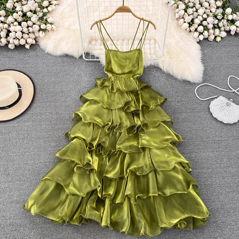Fairy Spaghetti Strap Dress - Retro A-Line Ruffle Cake Dress for Women | Summer Floral Sundress | Perfect for Beach Vacation, Date Night & Party Wear