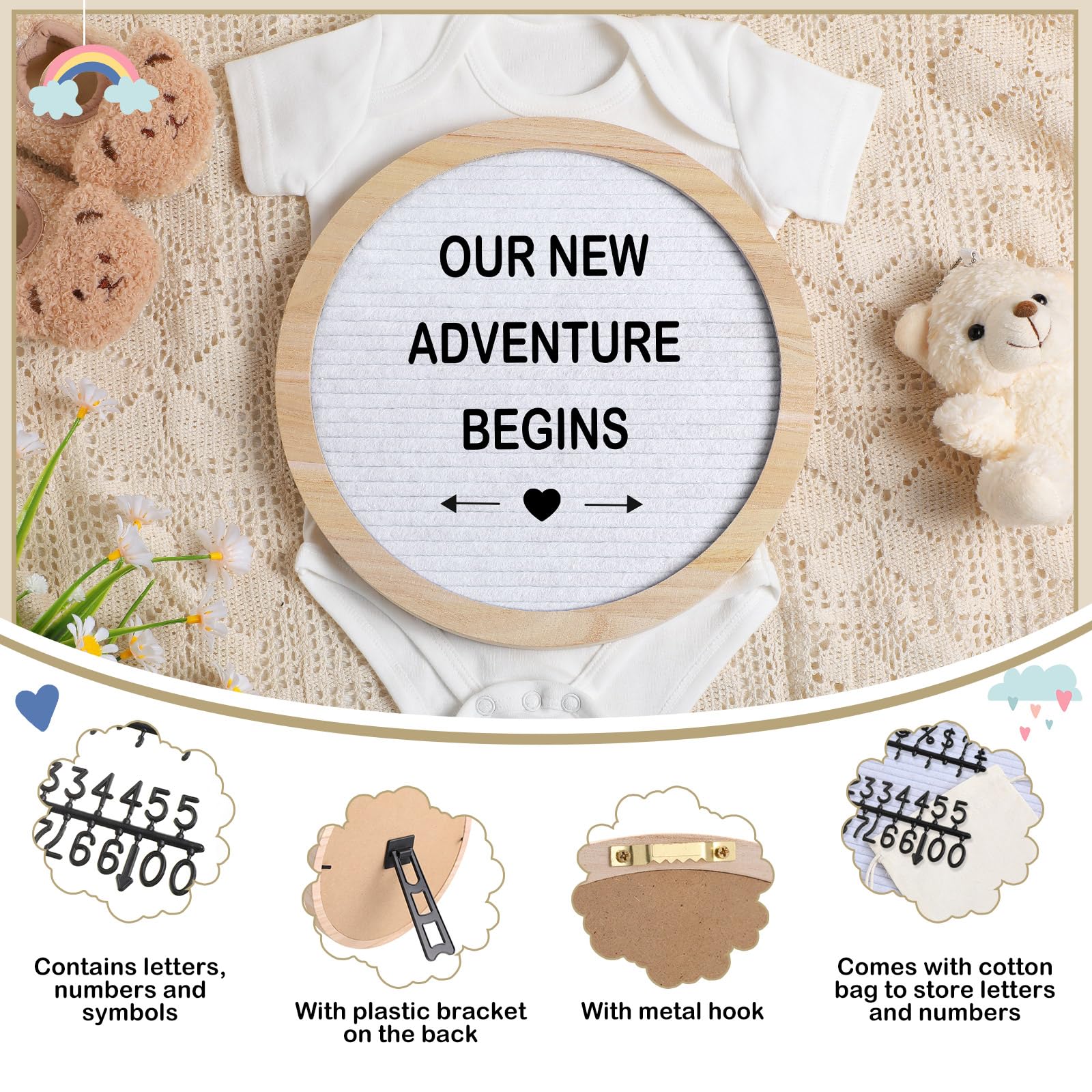 8 Pcs Pregnancy Announcement Set - Felt Letter Round Board Kit, Baby Bodysuit, Booties, Wood Blocks & Wooden Signs for Baby Reveal (White) - Perfect for Gender Reveal Parties, Maternity Photos & Newborn Announcements