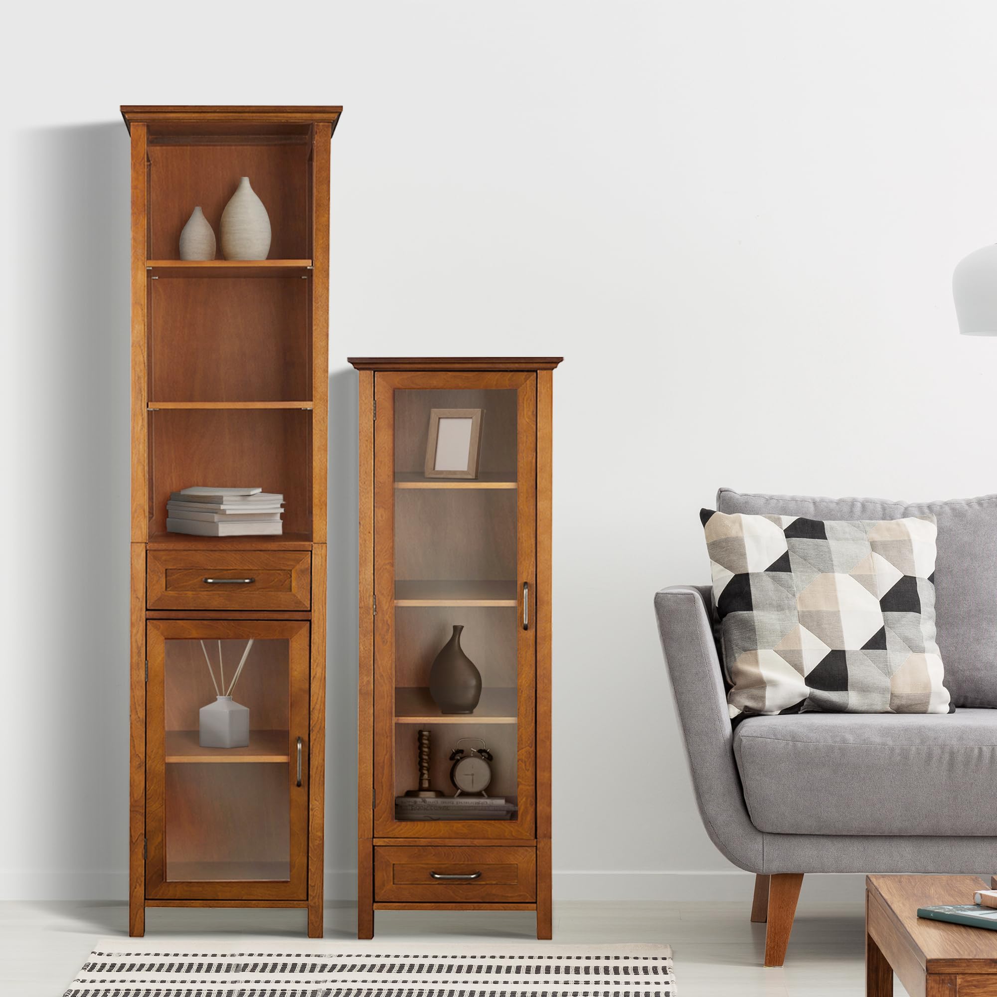 Teamson Home Avery Linen Tower - Tall Slim Narrow Wooden Bathroom Storage Cabinet with Glass Panel Door, 4 Tiered Shelves & 1 Drawer in Oil Oak Finish | Space-Saving Organizer for Bathroom Essentials, Towels & Toiletries