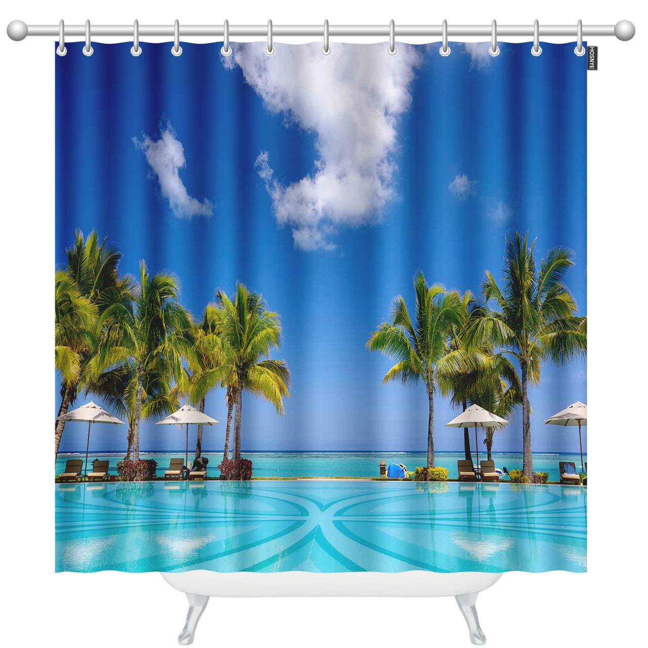 Tropical Beach Shower Curtain 60x72 Inch - Mauritius Resort Design with Kids Lounge Chairs & Umbrellas - Waterproof Polyester Bathroom Curtain with Hooks - Perfect for Beach Themed Bathrooms, Vacation Home Decor or Coastal Style Showers