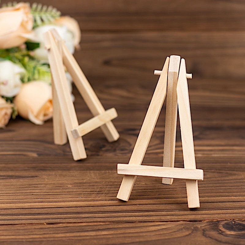 10 Natural Wooden Mini Easel Place Card Holders - Wedding Table Number Stands for Reception, Party, and Event Decor