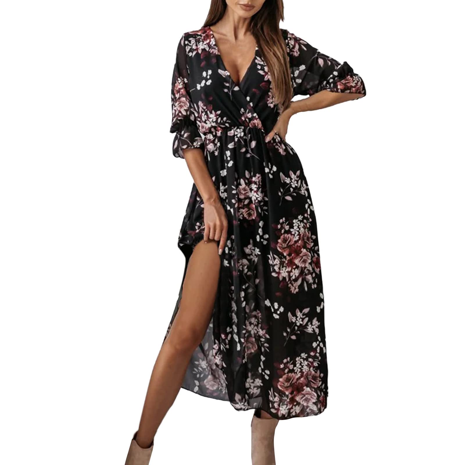 Women's Floral Printed V-Neck Short Sleeve Summer Dress - Elegant Casual & Special Occasion Wear for Parties, Dates & Vacations