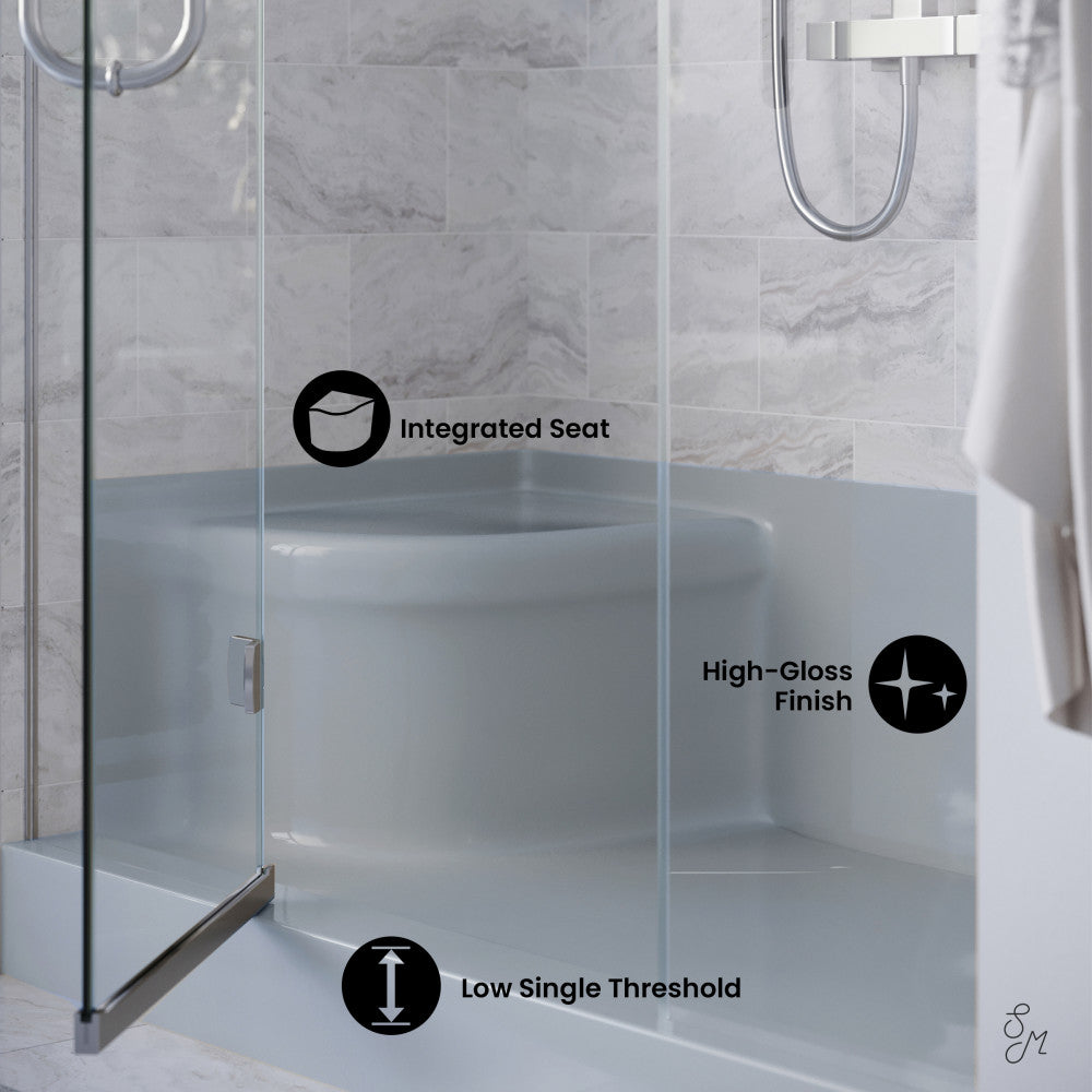 Aquatique 60 x 32 Inch Single Threshold Shower Base with Right Hand Drain & Built-In Left Hand Seat - Gray | Bathroom Remodeling, Accessible Shower for Seniors & Disabled