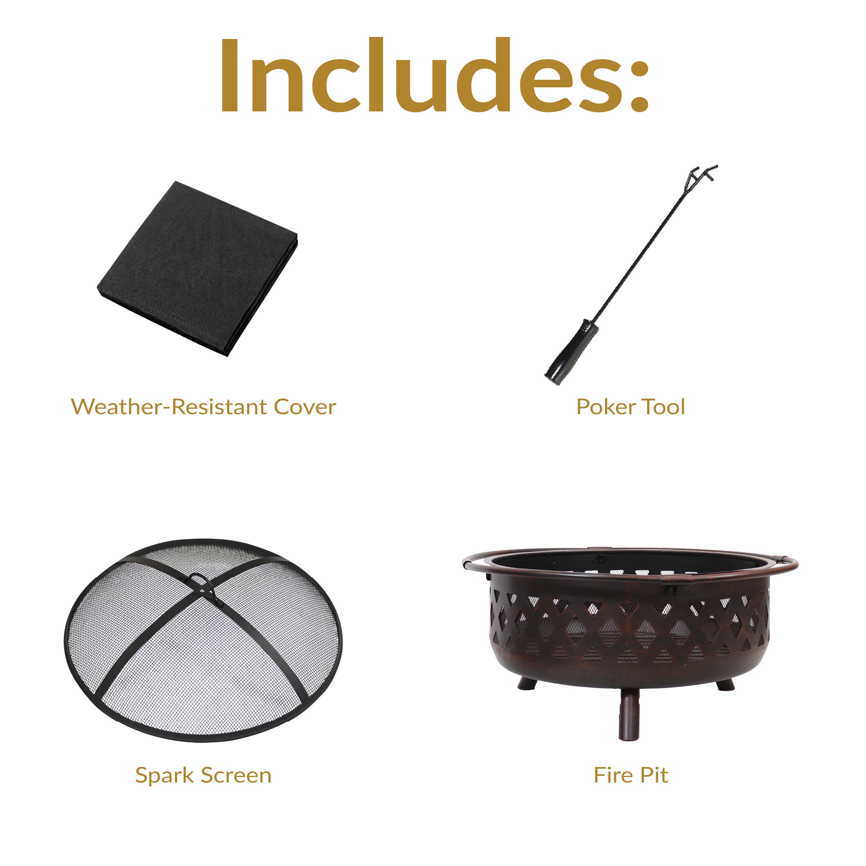 Sunnydaze Bronze Crossweave Fire Pit with Spark Screen & Poker - Outdoor Wood Burning Fire Pit for Backyard, Patio, Camping & Garden Gatherings