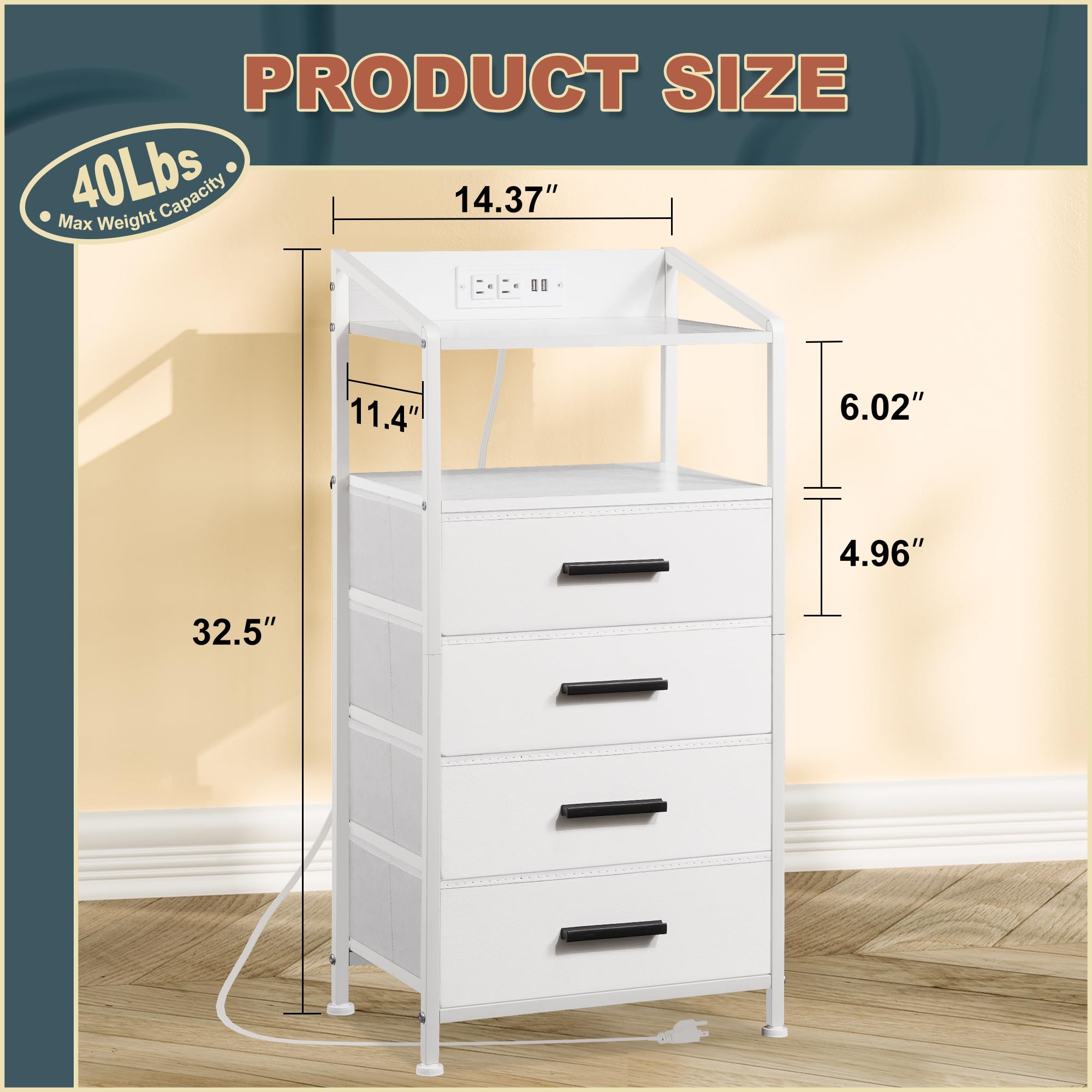 4-Drawer LED Nightstand with USB Charging Station & Fabric Drawers - White Vertical Dresser with Open Shelf for Bedroom, Hallway & Entryway - Perfect for Small Spaces, Apartment Living & Modern Home Decor