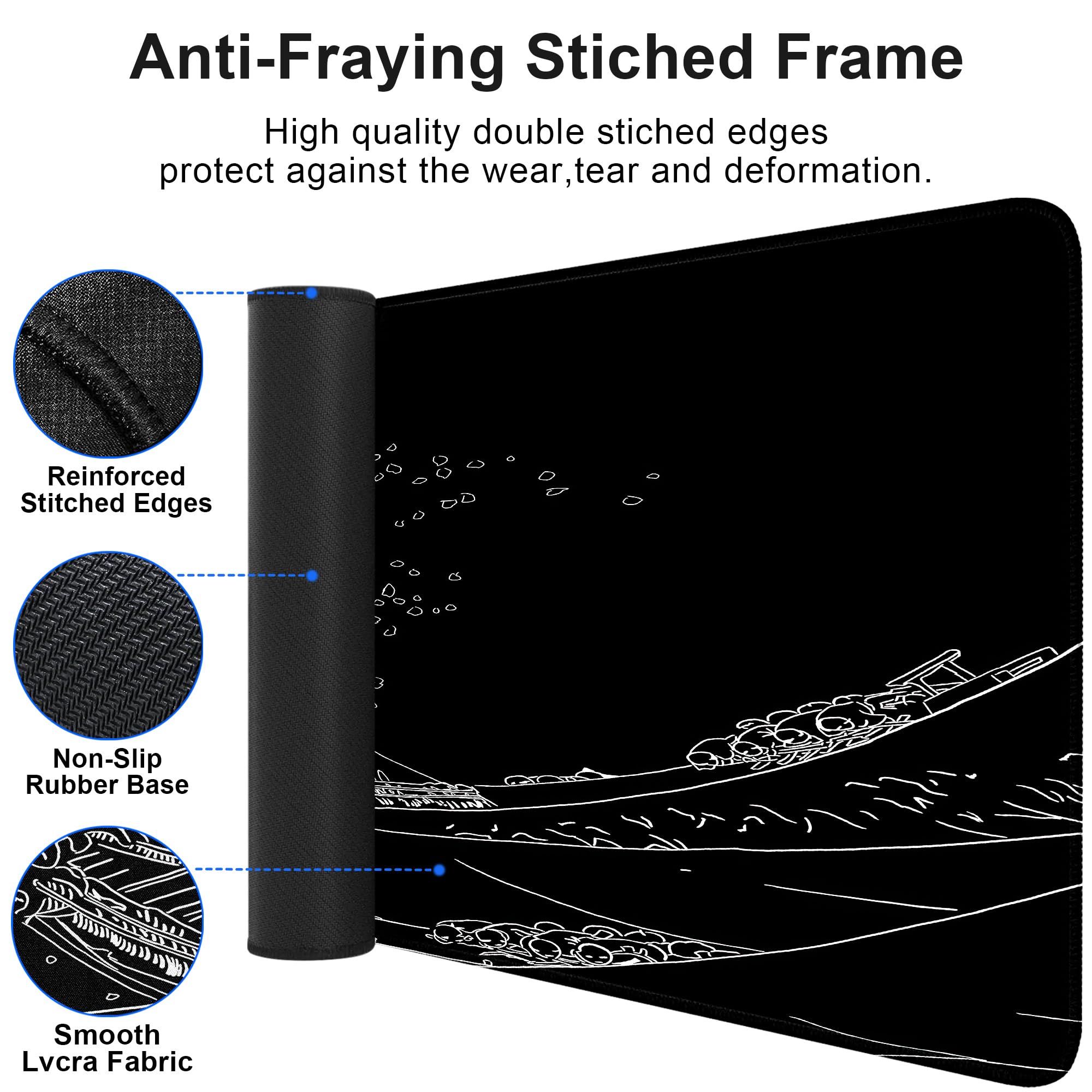 BZU Japanese Sea Wave Design Extended XL Gaming Mouse Pad - 31.5x11.8 Inch Large Desk Mat with 3mm Non-Slip Base & Stitched Edges for PC, Computer, Office & Home Use - Perfect for Gaming, Work & Productivity