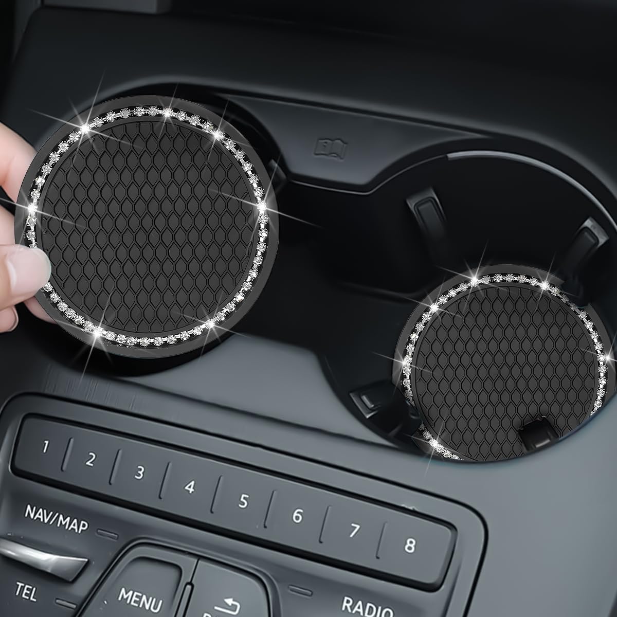 7PCS Car Accessories Set - Carbon Fiber Leather Steering Wheel Cover, Shift Knob Cover, Armrest Cushion & Bling Coaster - Universal Auto Interior Protector Kit (Blue) | Perfect for Sedans, SUVs & Trucks | Enhances Comfort & Style While Driving