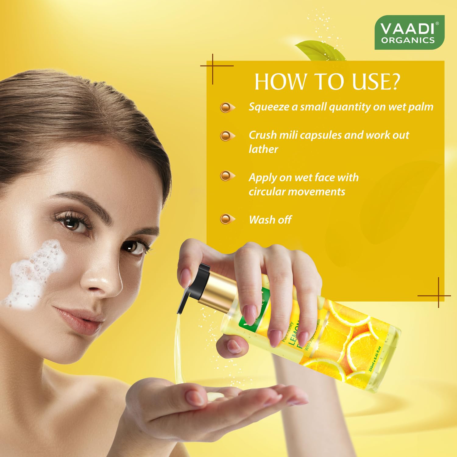 Vaadi Herbals Honey Lemon Face Wash with Jojoba Beads - 250ml | Gentle Exfoliating Cleanser for Glowing Skin | Perfect for Daily Skincare Routine & Acne-Prone Skin