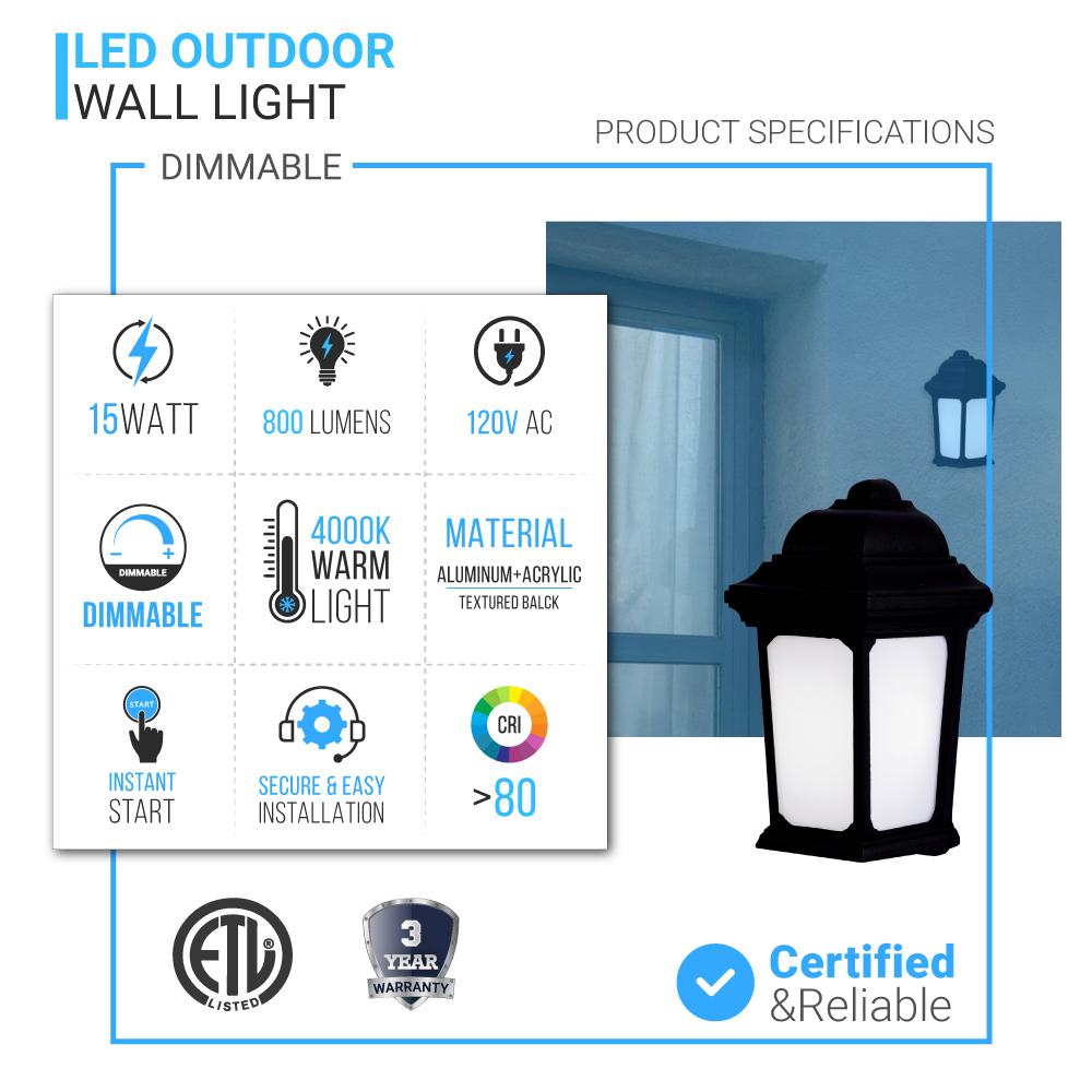 15W LED Outdoor Wall Sconce Light Fixture - 5000K Daylight White, 800 Lumens, Textured Black Finish, ETL Certified - Perfect for Porch, Patio, Garden, and Exterior Wall Lighting