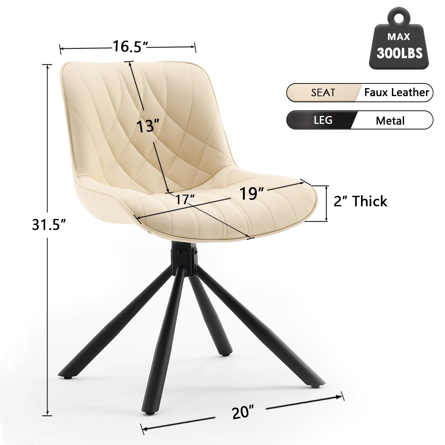 YOUNUOKE Mid Century Modern Dining Chairs Set of 2 - Upholstered Faux Leather Kitchen Chairs with Sturdy Metal Legs, Beige - Perfect for Dining Room, Kitchen, Restaurant & Home Decor