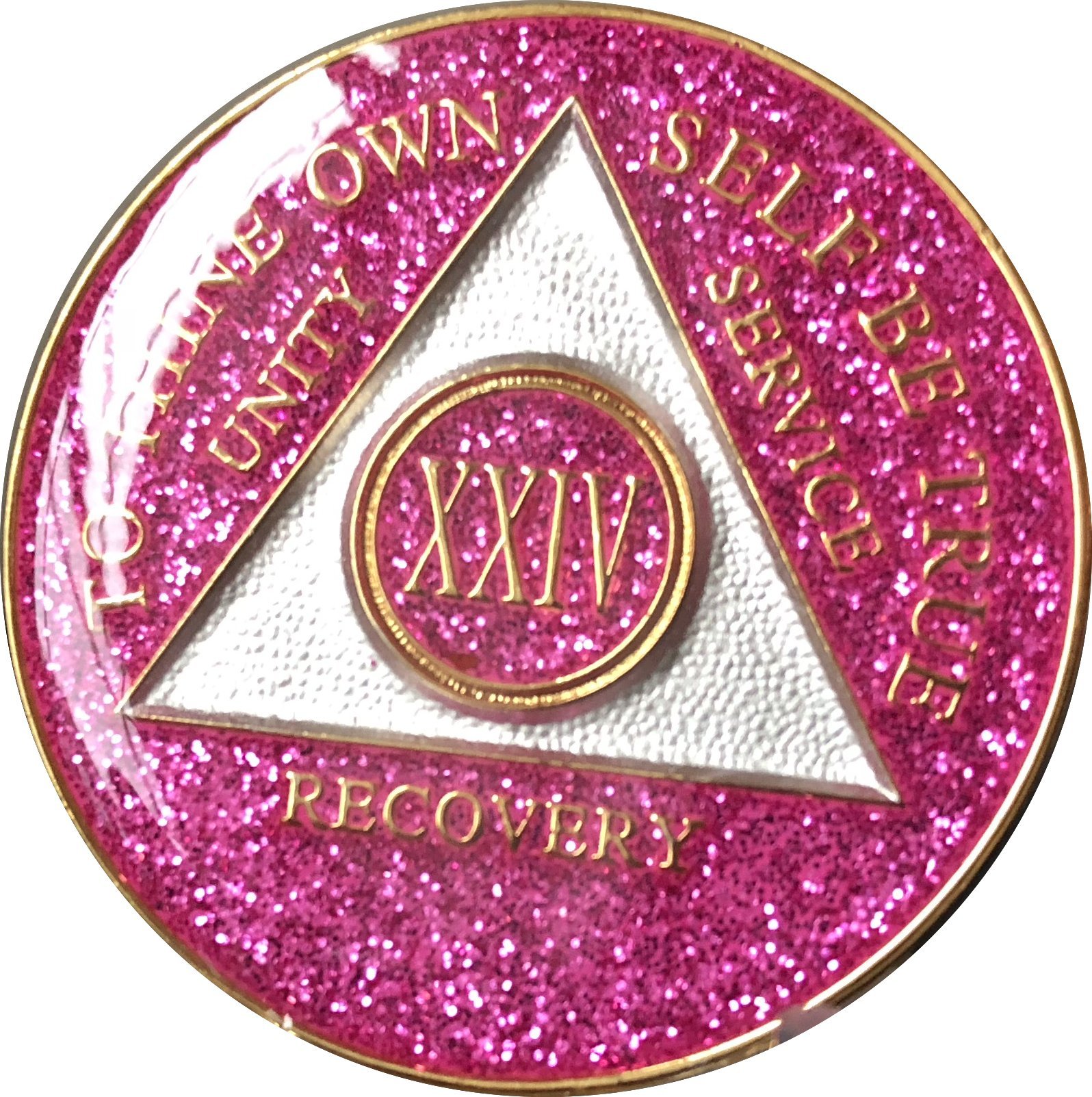 24 Year AA Medallion Glitter Pink Tri-Plate Chip XXIV - Elegant Collectible Coin for Anniversary Gifts, Special Occasions & Coin Enthusiasts