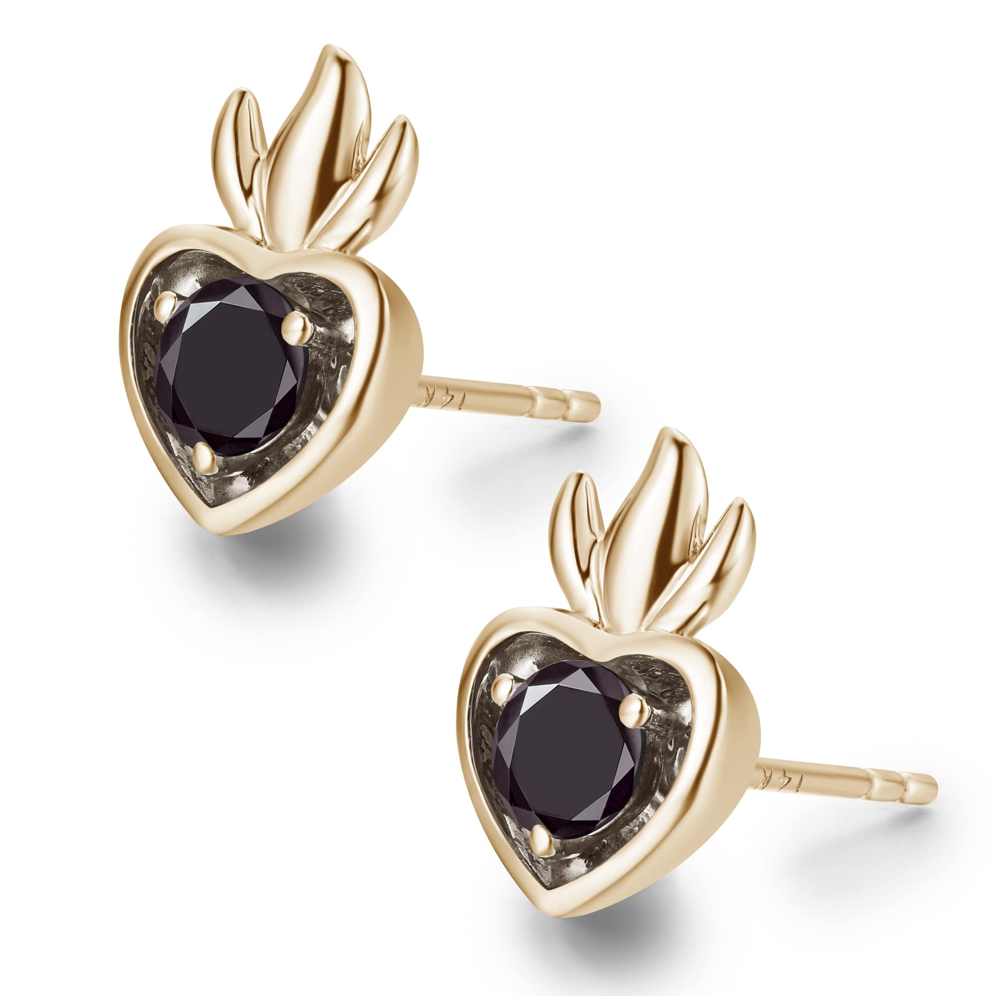 Black Diamond Heart Stud Earrings - Dainty Gold Stackable Small Earrings - Black Tourmaline April Birthstone Alternative - Multiple Piercing Jewelry for Everyday Wear & Special Occasions