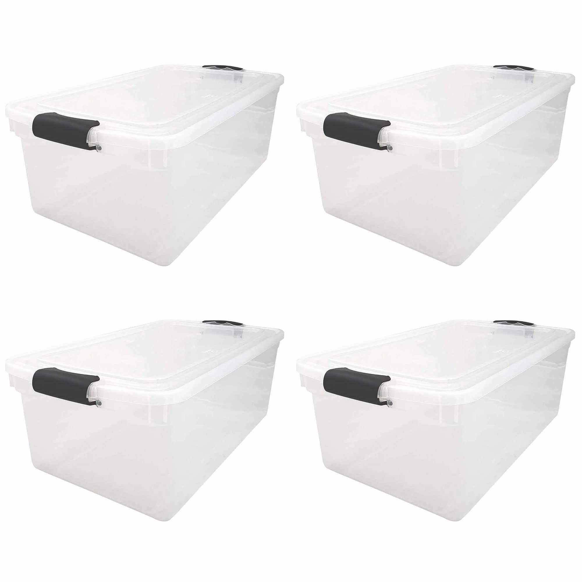 HOMZ 4-Pack 66 Quart Clear Plastic Storage Bins with Secure Gray Latches - Organizer Containers for Home, Office, Garage & Closet Organization