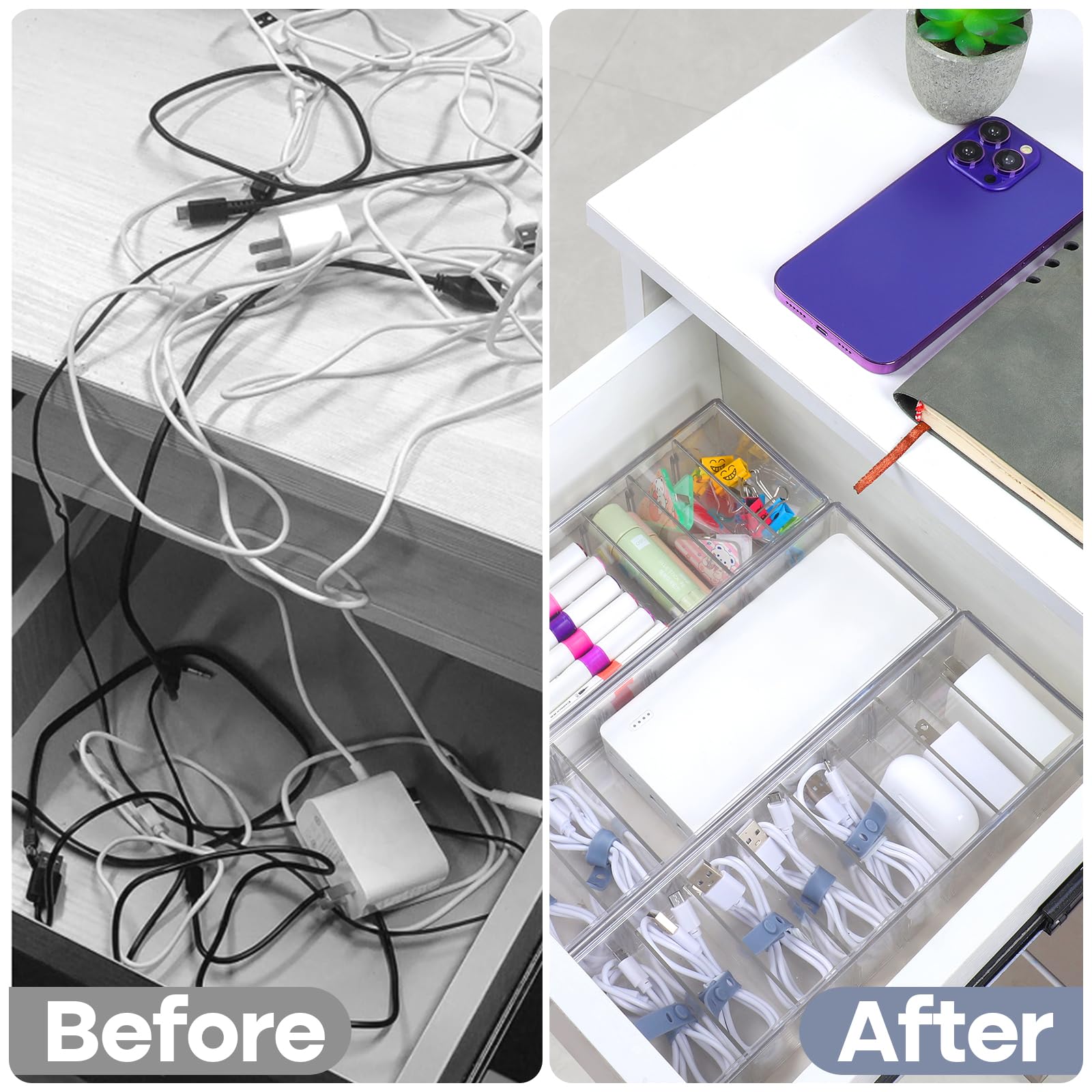 4-Piece Clear Plastic Cord Organizer Box with Lid & 32 Cable Ties - 8 Removable Dividers for Home Office Desk - Perfect for Charger, USB Cable, Headphone & Electronics Storage - Ideal for Workspace, Travel & Cable Management