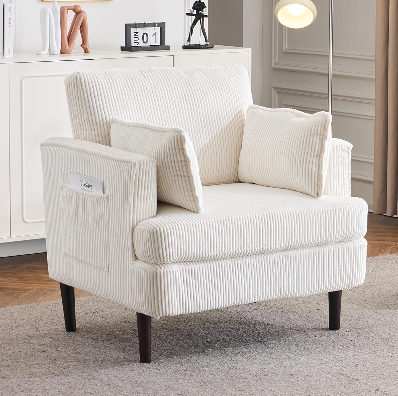 Karl Home Modern Accent Chair - Corduroy Upholstered Armchair with 2 Pillows & Side Pocket, Barrel Sofa Chair with Sturdy Solid Wood Legs - Comfortable Reading Chair for Living Room, Bedroom & Office (Beige) - Perfect for Relaxing, Reading & Small Space Decor