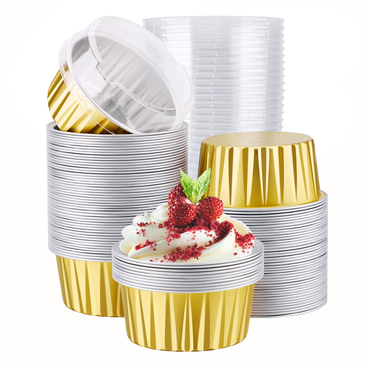 EUSOAR 100pcs 5oz Aluminum Muffin Cups with Lids - Disposable Foil Baking Liners for Cupcakes, Creme Brulee & Desserts - Reusable Ramekins for Baking, Party Serving & Meal Prep