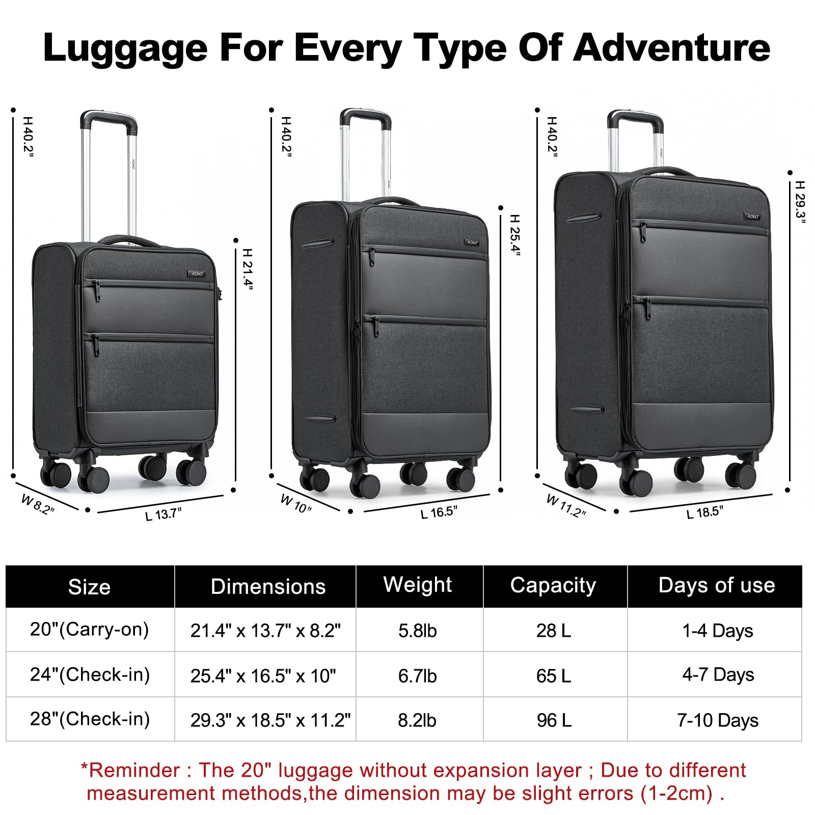 Kono Softside Expandable Checked Luggage 28 Inch - Lightweight Spinner Suitcase with 4 Drop-Resistant Wheels, Black - Perfect for International Travel, Business Trips & Family Vacations