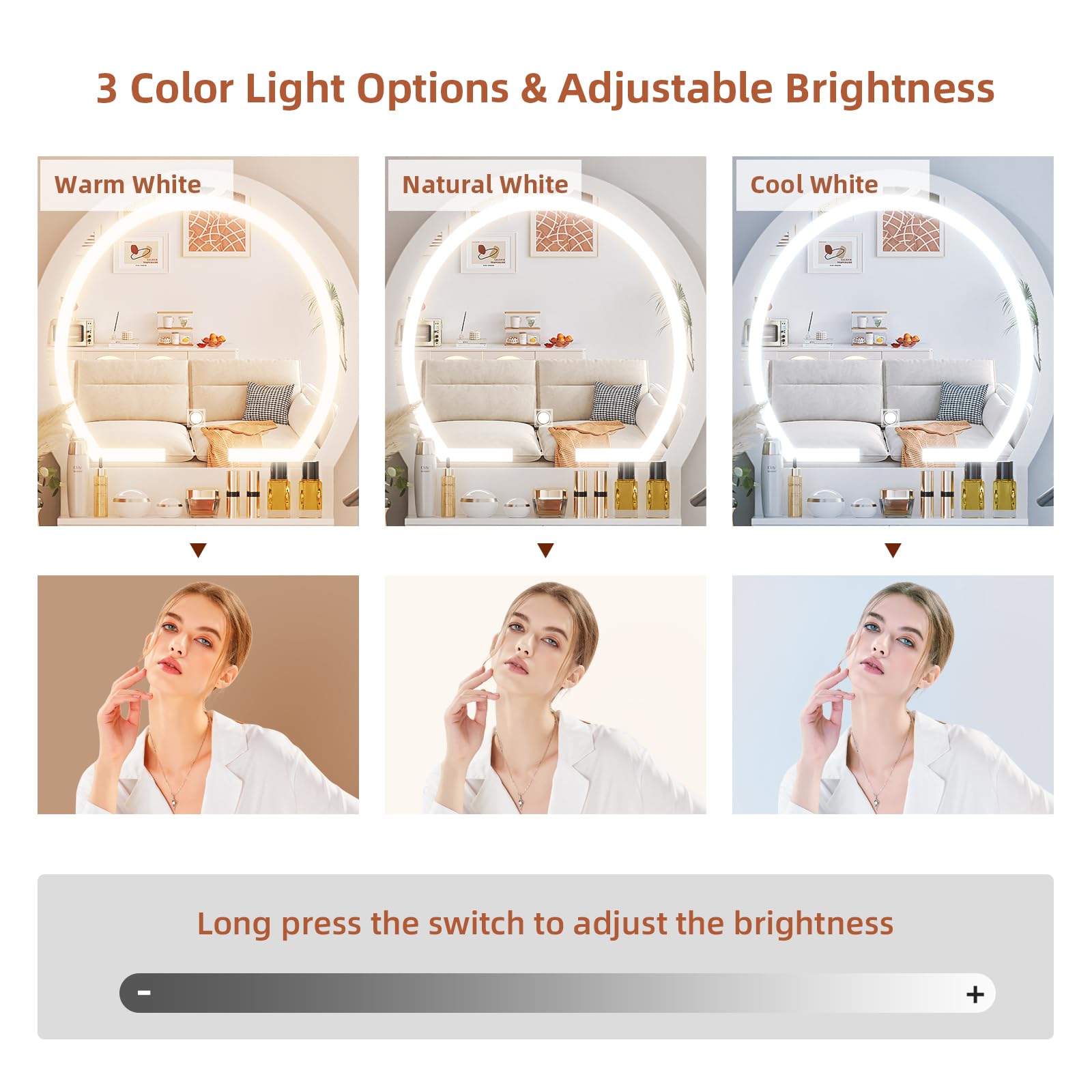 Lighted Makeup Vanity Desk with Mirror - Adjustable 3-Color Lighting & Brightness, Power Outlet, 4 Drawers & Soft Cushioned Stool - White Vanity Table for Women & Girls - Perfect for Bedroom, Dressing Room & Beauty Salon