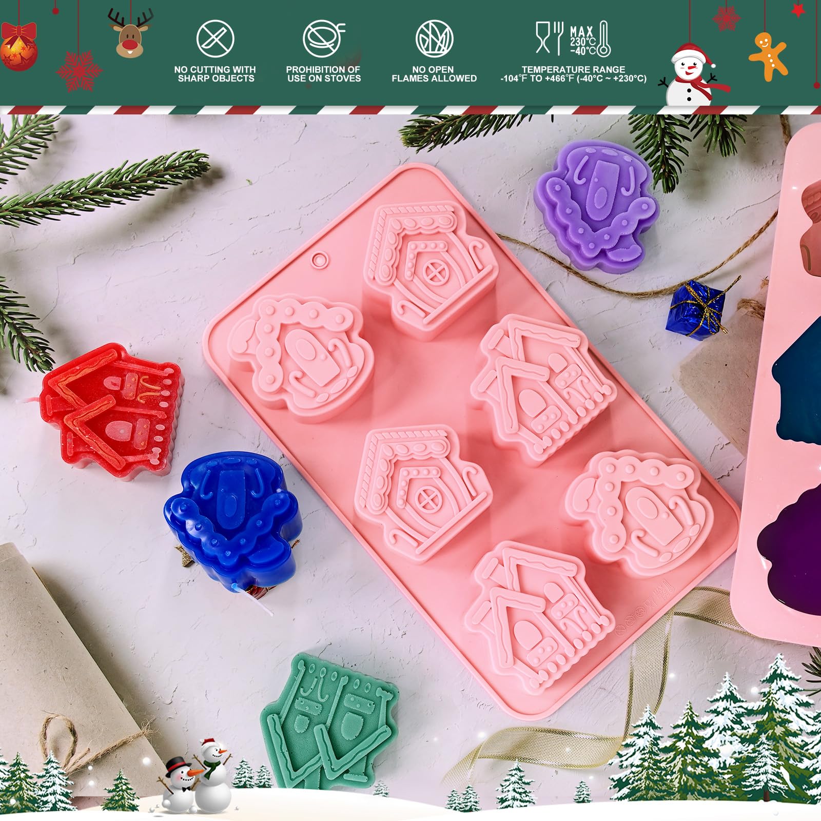 (2 Pack) Christmas Soap Molds - 3D Silicone Baking Molds Set with 3 Festive House Shapes for DIY Candles, Handmade Soaps, Cupcakes, Chocolates & Wax Melts - Perfect for Holiday Baking, Christmas Gifts & Home Decor Crafts