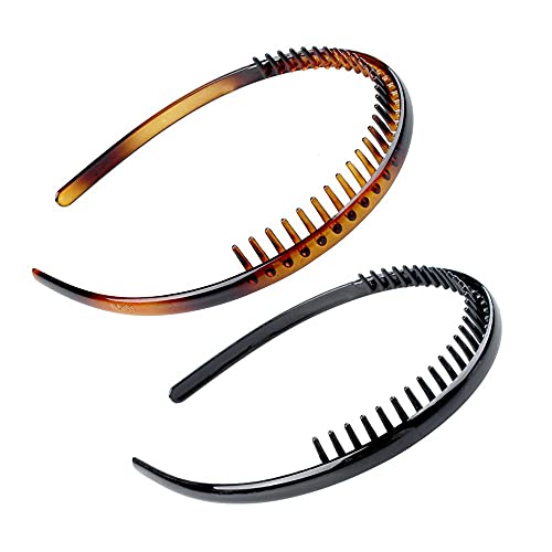 BAKEFY 2-Pack Plastic Plain Headbands with Teeth Comb - Skinny Hair Bands for Women & Girls | DIY Hair Accessories for School, Work, Parties & Everyday Styling