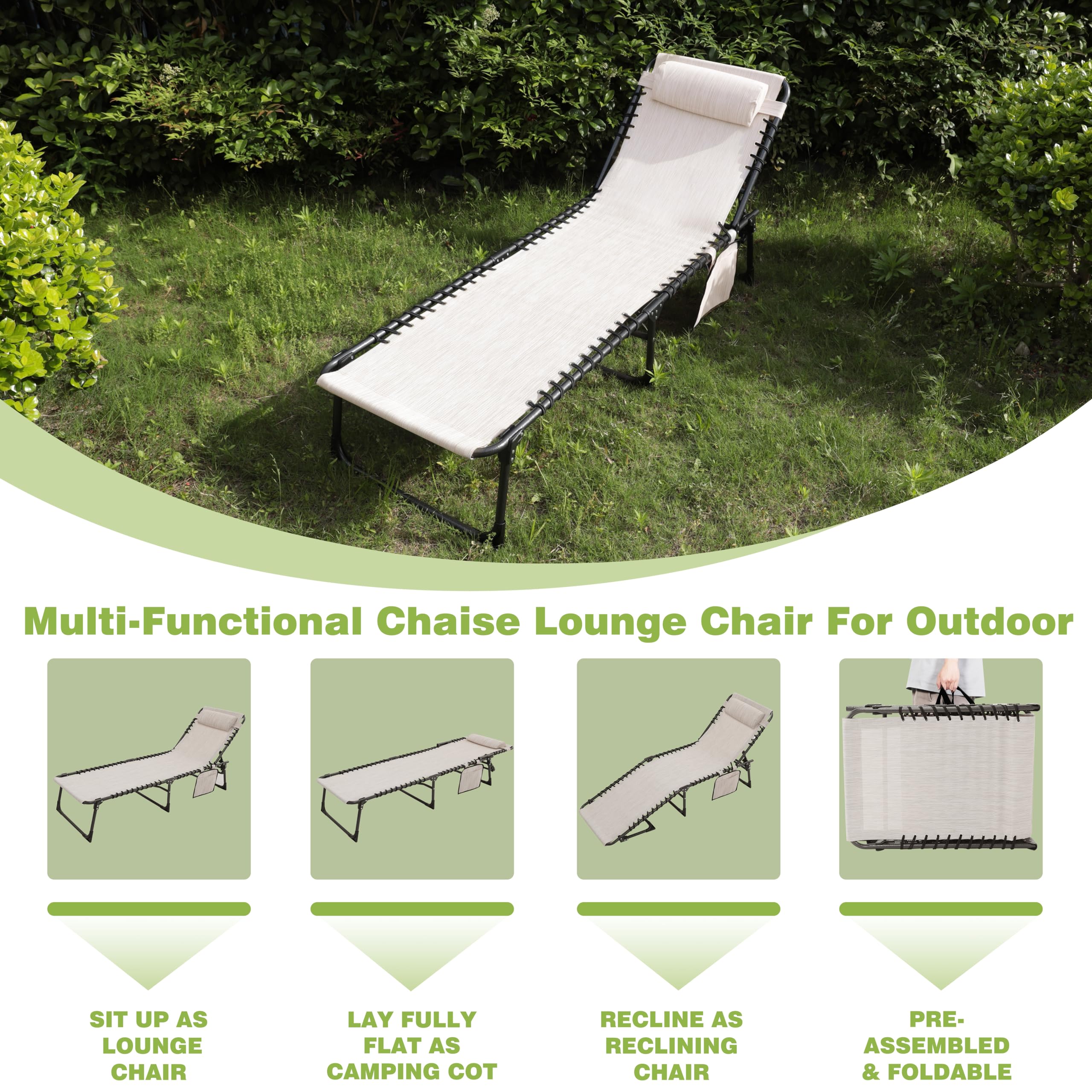 VEIKOU 5-Position Adjustable Chaise Lounge Chair Set of 2, Upgraded Folding Outdoor Sun Loungers for Patio, Poolside, Beach & Backyard - Beige Recliners Perfect for Relaxing, Sunbathing and Outdoor Lounging