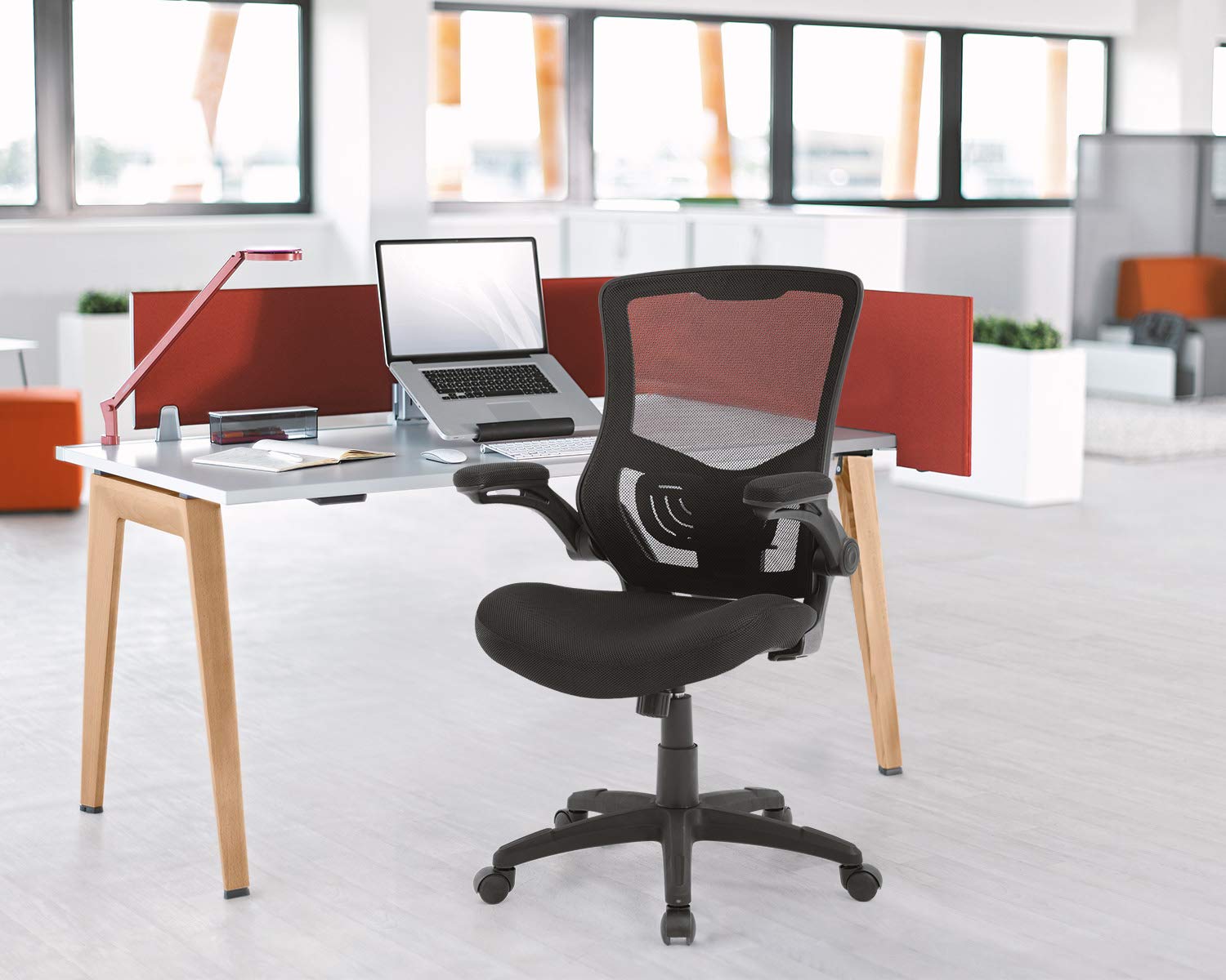 Ergonomic Mid-Back Mesh Office Chair with Flip-Up Arms & Lumbar Support - Adjustable Drafting Chair with Foot Ring for Home Office, Studio & Workspace (Black)