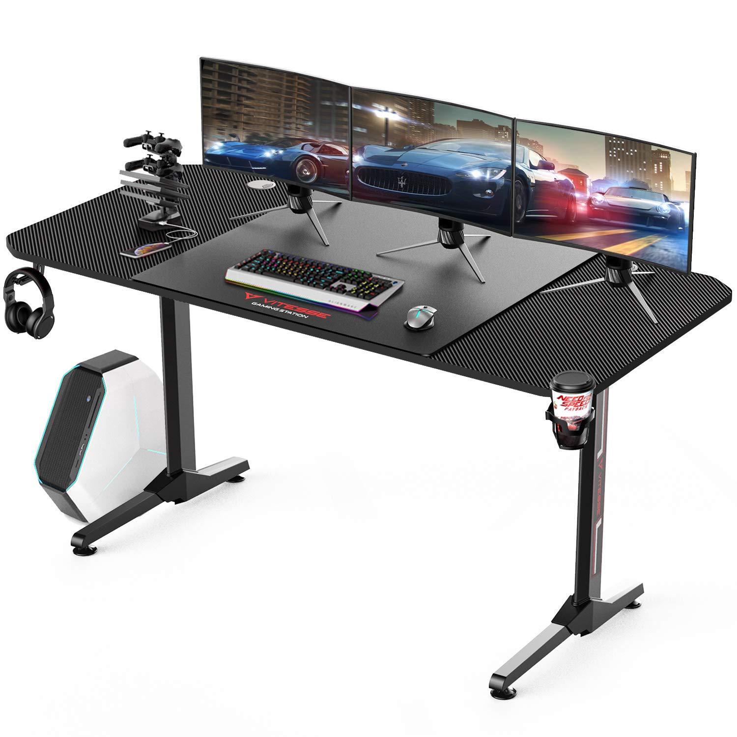 63 Inch VITESSE T-Shaped Gaming Desk with Mouse Pad, USB Handle Rack & Cup Holder - Ergonomic Computer Desk for Professional Gamers, Streaming & Home Office Workstation