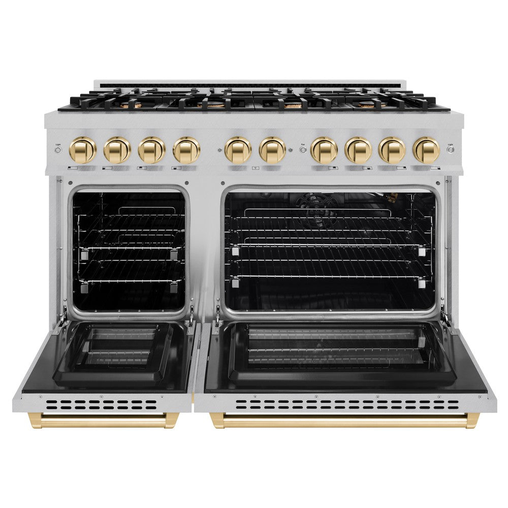 ZLINE Autograph Edition 48-Inch 6.7 cu. ft. Professional Double Oven Gas Range with 8-Burner Cooktop in Satin Stainless Steel & Polished Gold Accents (HGRSZ 48 G) - Perfect for Large Kitchens, Gourmet Cooking, and Entertaining