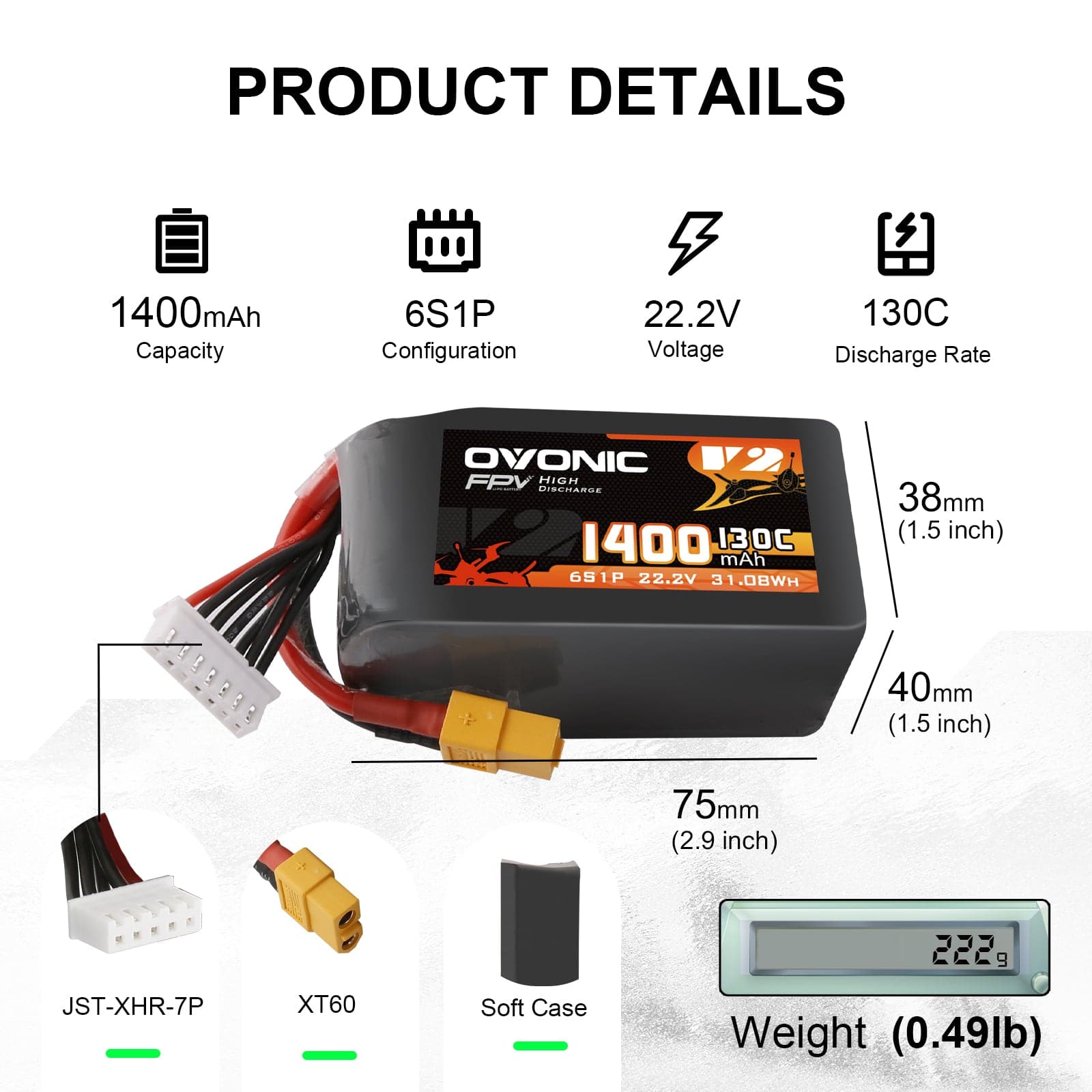 2x Ovonic 6S Lipo Battery 1400mAh 22.2V 130C High Performance RC Battery with XT60 Plug for FPV Racing Drones, Freestyle Drones, Cinewhoop & Long Range Drones - Perfect for Aerial Photography and Drone Racing