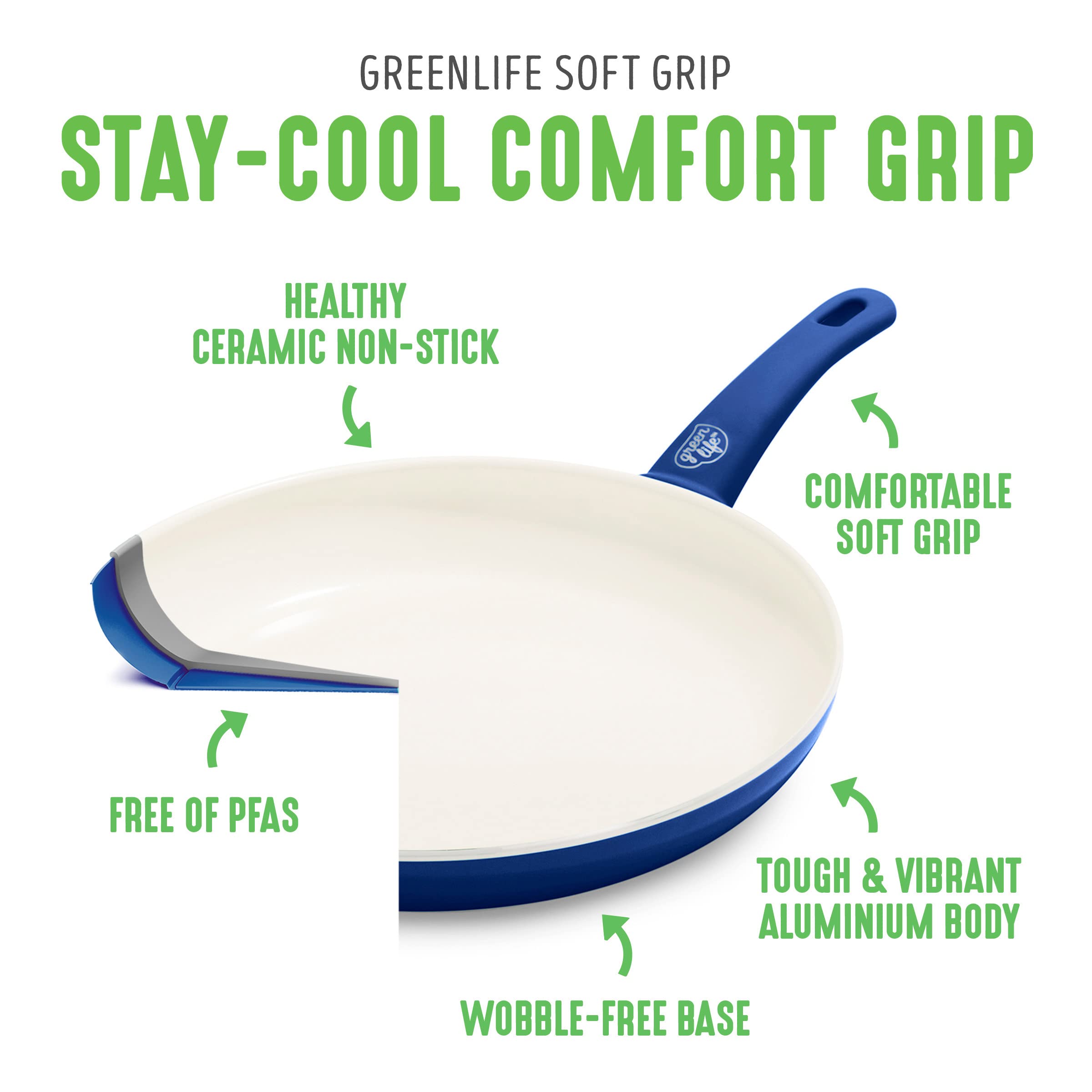 GreenLife Soft Grip 23-Piece Non-Toxic Ceramic Cookware Set - PFAS & PFOA Free Pots & Pans with Even Heat Distribution, Warp Control & Easy Cleaning - Oven & Dishwasher Safe Blue Kitchenware for Healthy Cooking, Baking & Frying