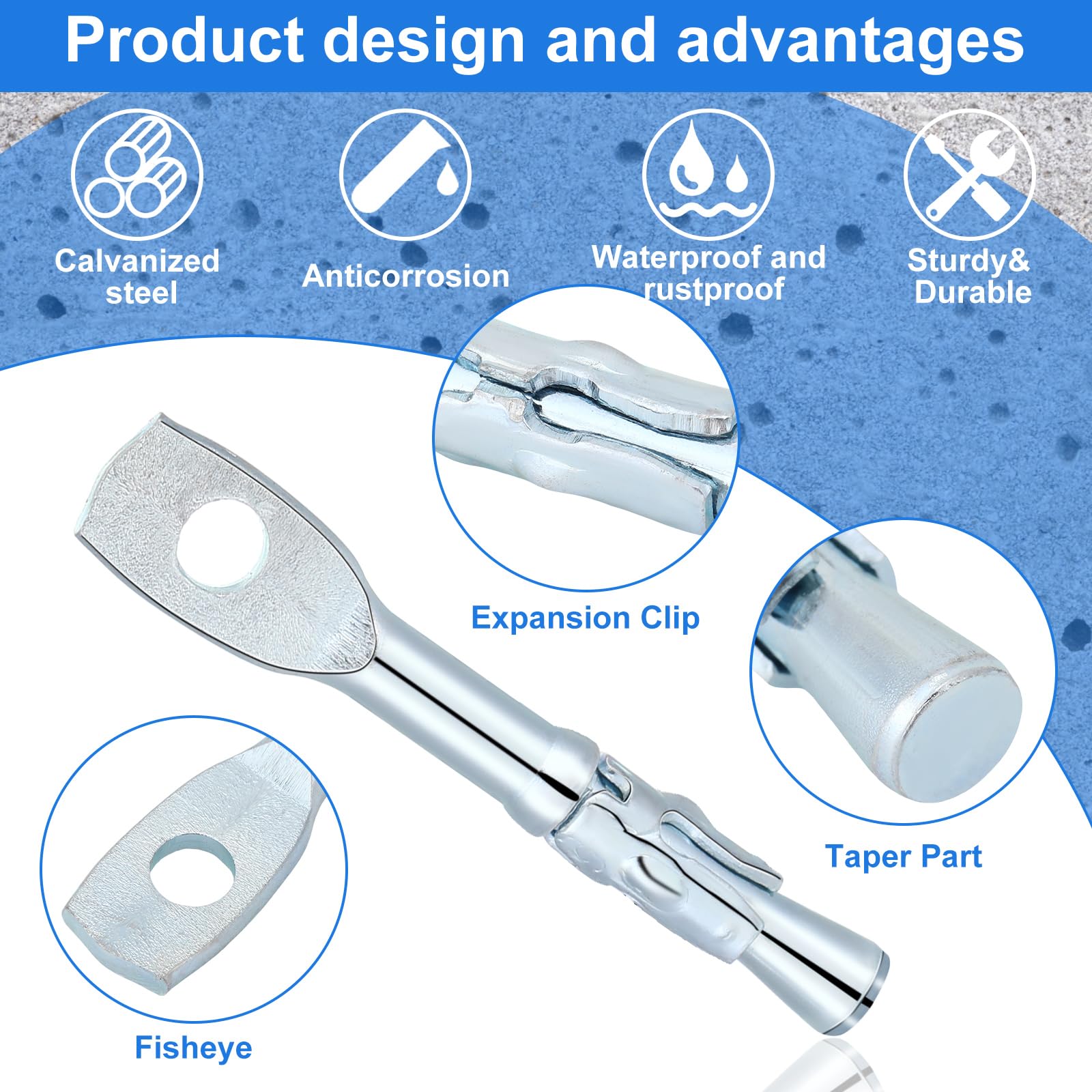Pasimy 50 Pcs 1/4 x 2 Inch Galvanized Carbon Steel Eye Bolt Wedge Concrete Anchors - Heavy Duty Ceiling Hangers for Swing Chairs, Hammocks, Acoustic Ceiling Fixtures & Home Decor (Ideal for Indoor/Outdoor Use)